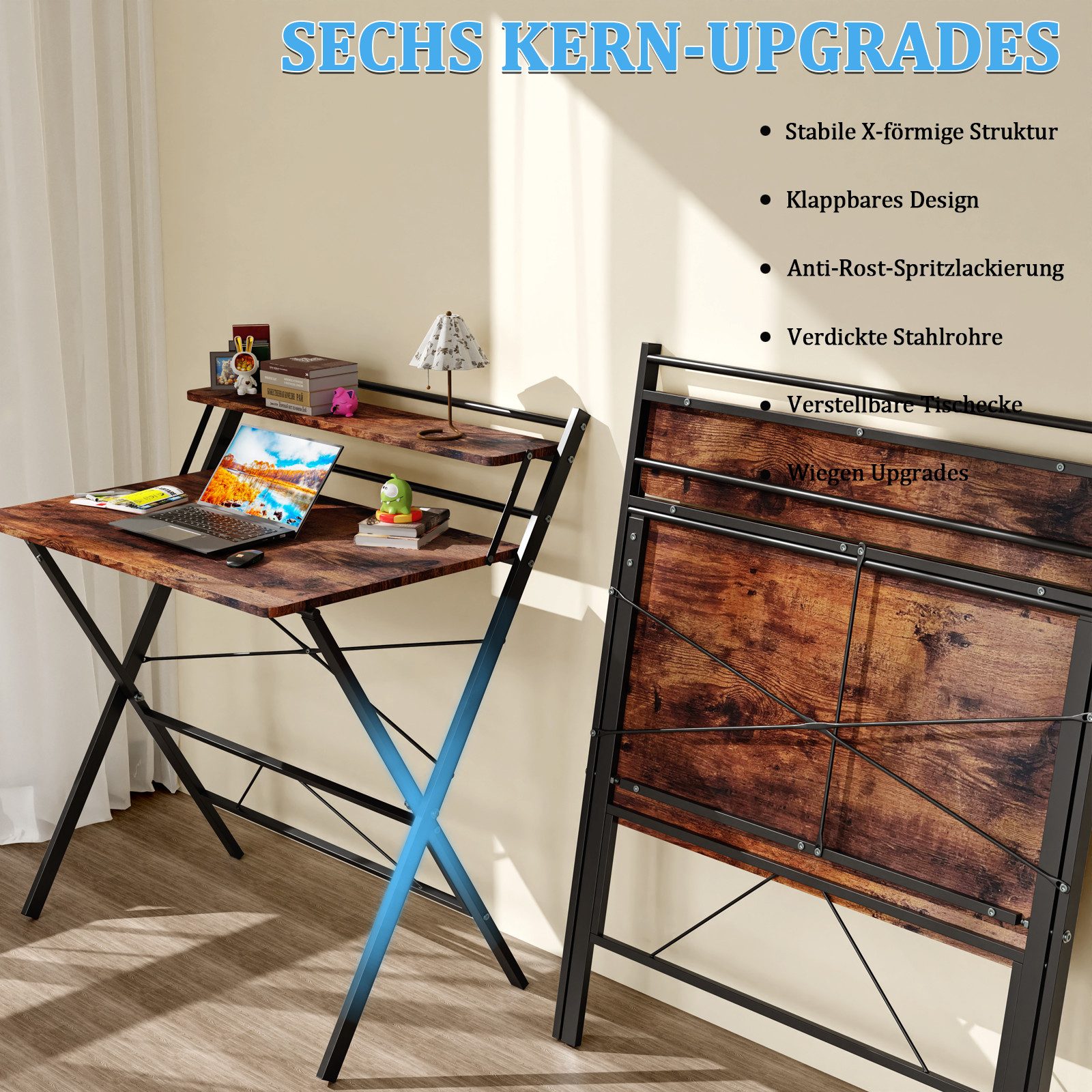 JEOBEST Computertisch Klappbarer Schreibtisch mit Regal, Home Office, kleiner Arbeitstisch 80 x 50 x 107cm – Bild 5 von 5