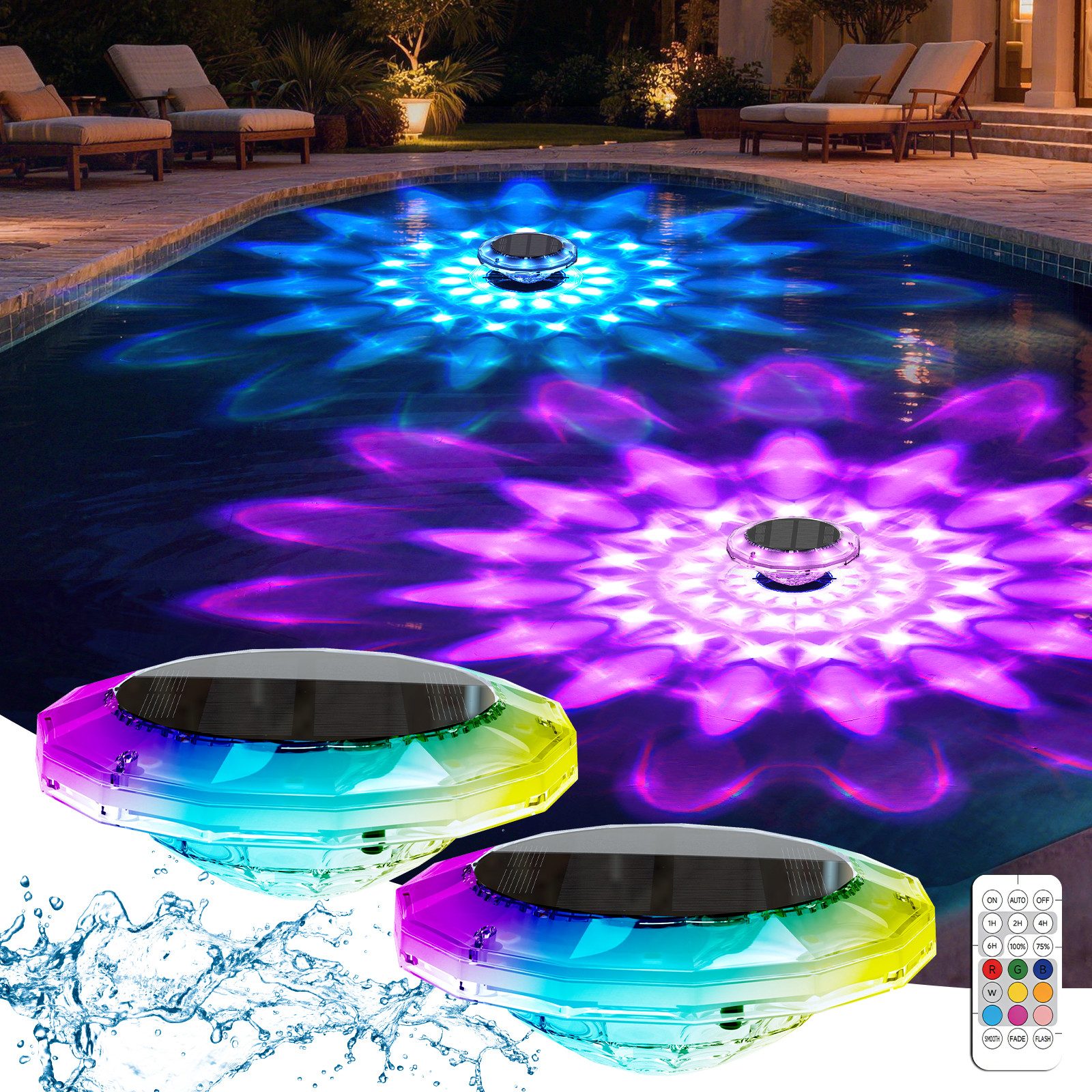 Quntis Pool-Lampe 2Pack Solarleuchte mit Bewegungsmelder, LED Außen Gartenleuchte, 12 Modi, Tageslichtweiß, Schwimmende Pool Beleuchtung 9 Farben, Licht Mit Fernbedienung