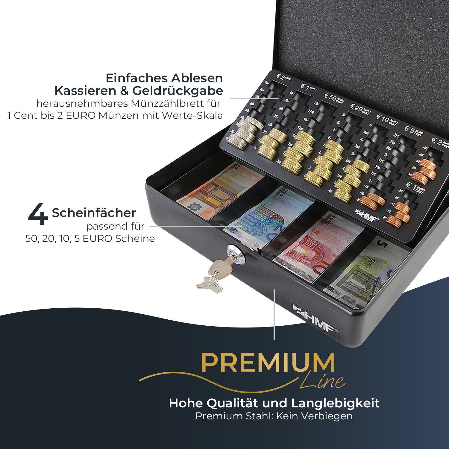 HMF Geldkassette abschließbare Bargeldkasse mit EURO-Münzzählbrett und Scheinfach, hochwertige Geldzählkassette mit Schlüssel, 30 x 24 x 9 cm, schwarz
