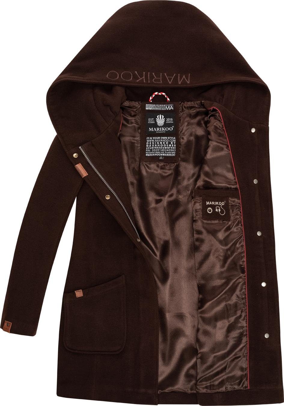 Marikoo Wintermantel Maikoo hochwertiger Mantel mit dunkelbraun großer Kapuze