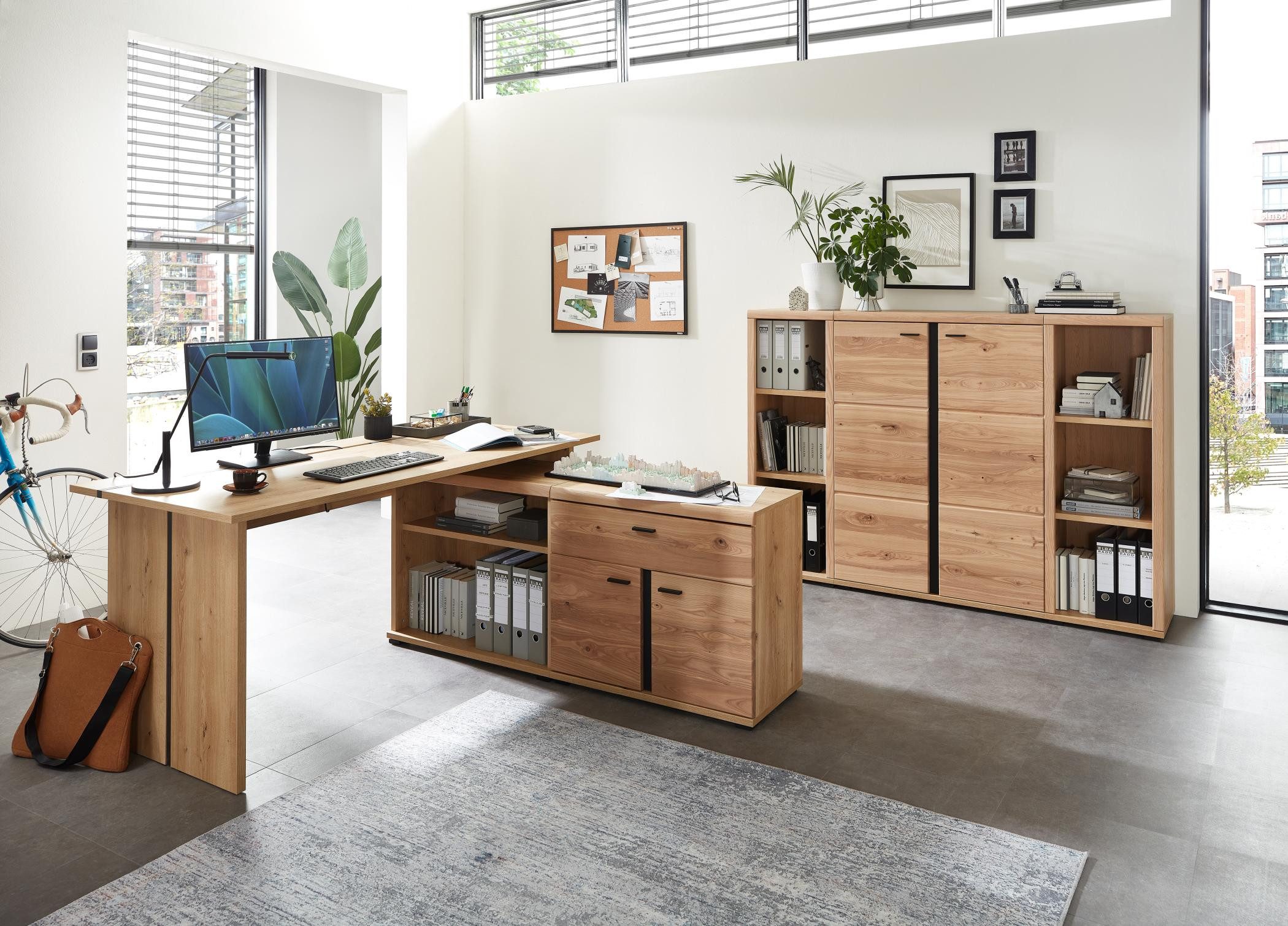 Innostyle Büromöbel-Set Komplettbüro SONOS V 6-teilig Front Altesche Massivholz gebürstet, (Komplett-Set, 6-tlg., 1x Schrank, 2x Regal, 1x Schreibtisch, 2x Unterbauschrank)