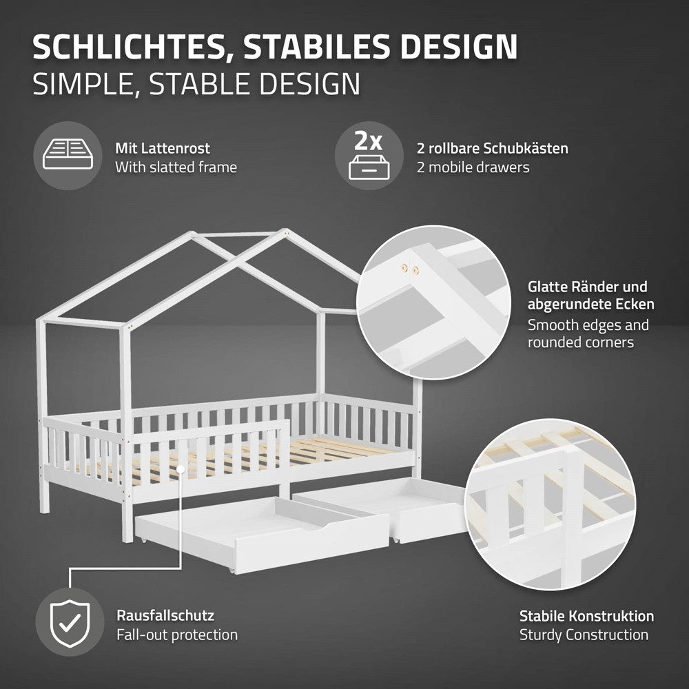 ML-DESIGN Spielbett Hausbett Kinderbett inkl. 2 Schubladen, Lattenrost und Rausfallschutz, Abenteuerbett 90x200cm mit Matratze Himmelbett Kiefer Jugendbett Weiß – Bild 4 von 5