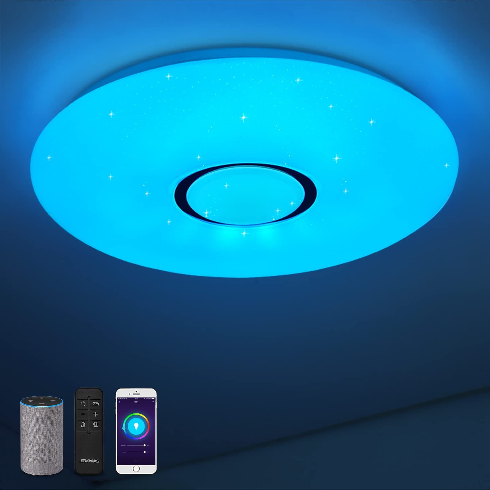 JDONG LED Deckenleuchte Dimmbar per fest 3000-6000K Küche, Schlafzimmer, benötigt Wohnzimmer, LED Hub/Gateway kein Google-Assistant, Wlan u. integriert, für Deckenlampe, Schlafzimmer, Wohnzimmer, f. Smart für Deckenlampe Alexa Kinderzimmer, Sprachsteuerung, Fernbedienung, und APP