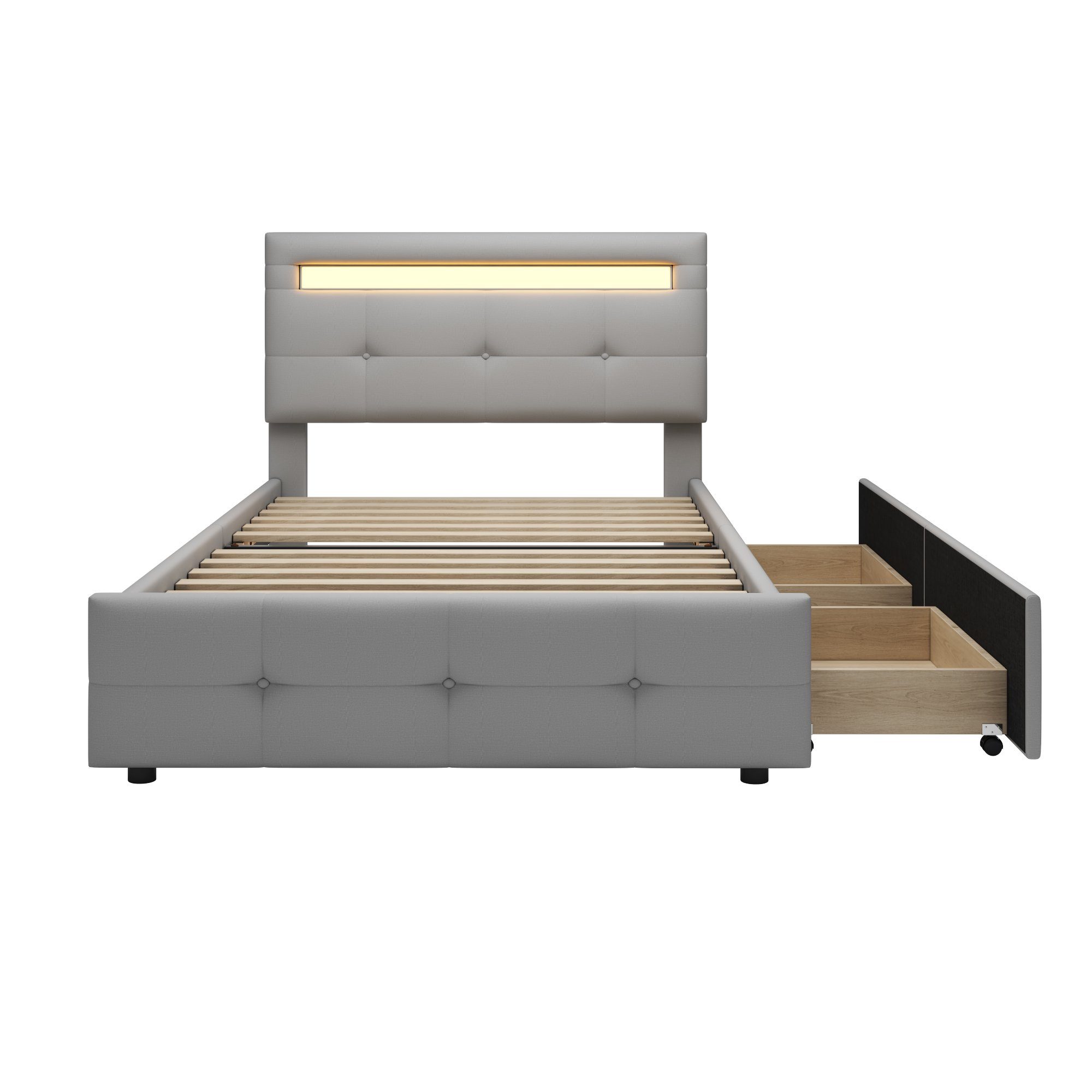 HAUSS SPLOE Bett Einzelbett Funktionsbett grau 2 LED-Leuchten, flach) hautfreundlicher (mit Bettrahmen KInderbett Schubladen, Leinenpolsterung