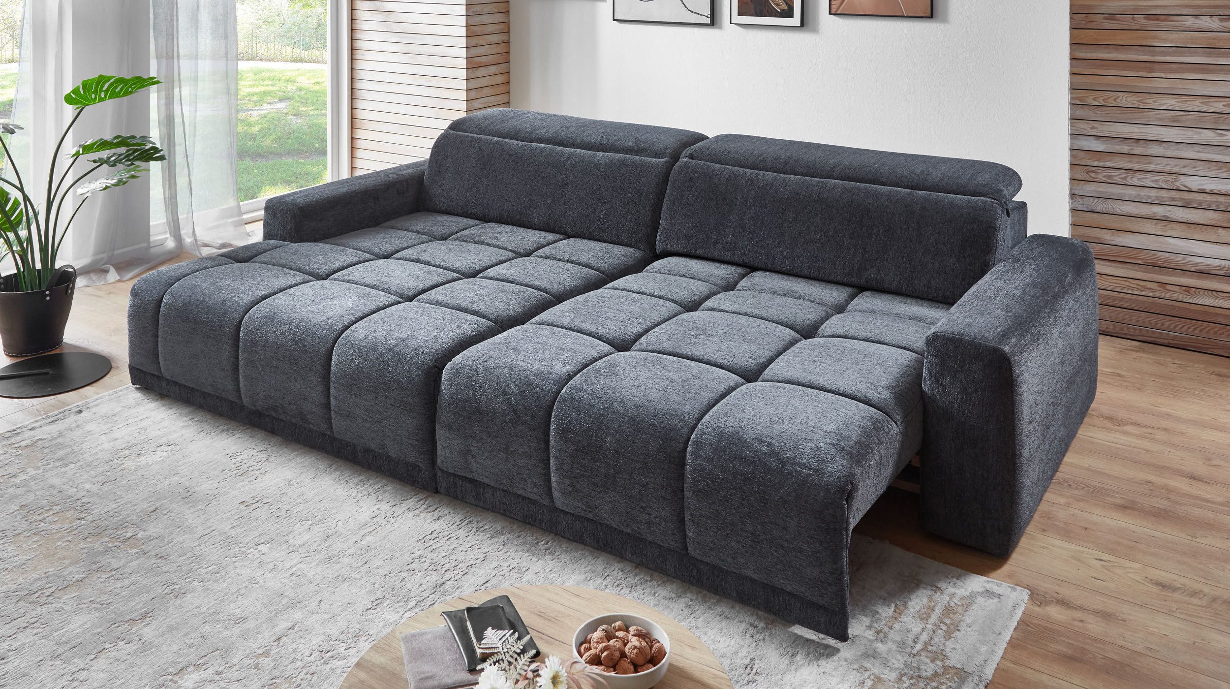 Massivart® Ecksofa Bouclé Bezug / 288 cm / elektrische Sitztiefenverstellung / BROOK, Kopfteilverstellung · Nosagunterfederung · frei im Raum stellbar