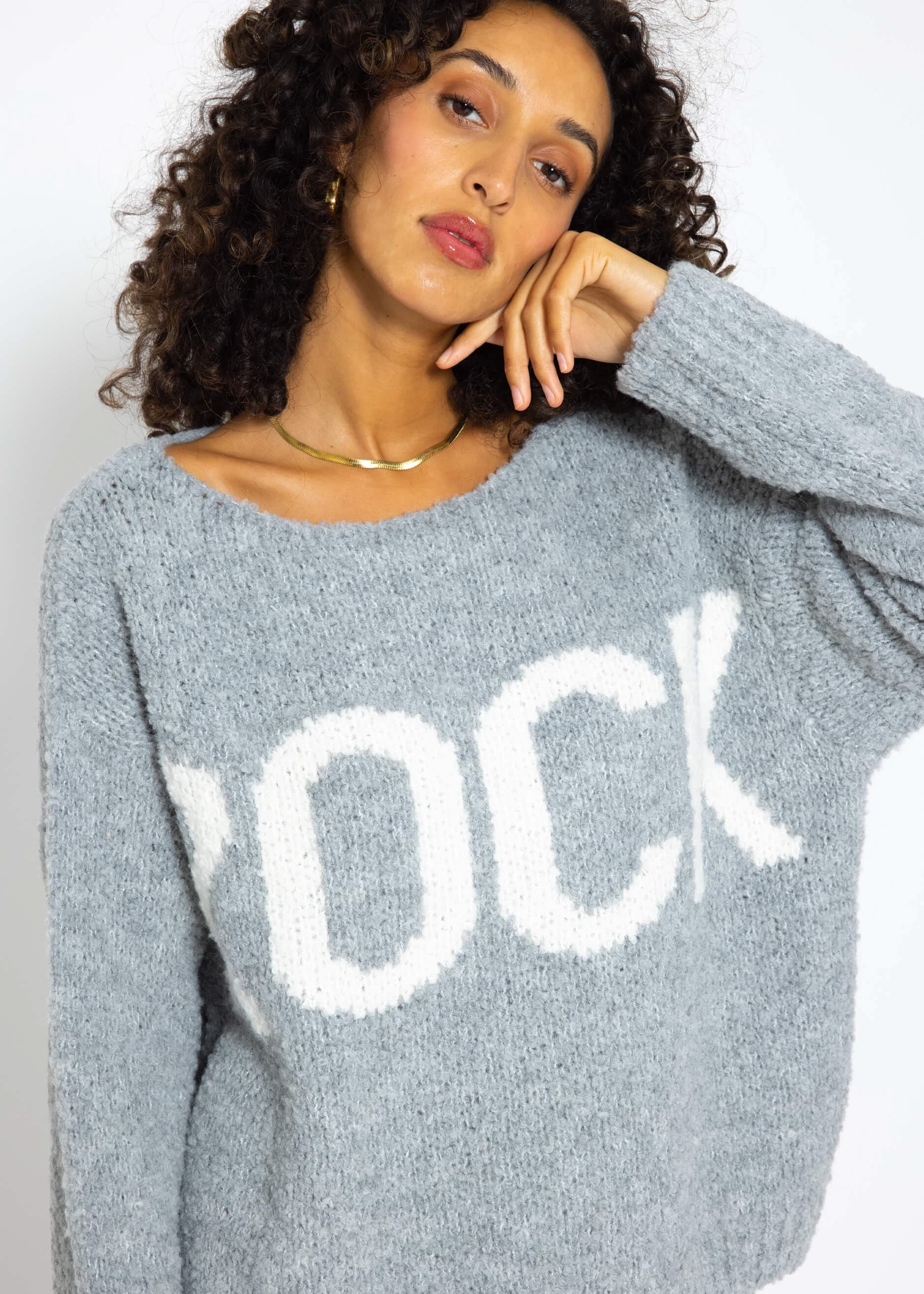 SASSYCLASSY В'язані светри Oversize Пуловери Oversize Grobstrick-Pullover mit Rock Schriftzug Damen - Made in Italy