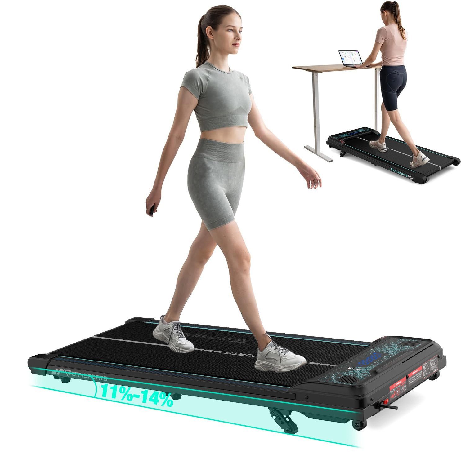 CITYSPORTS Laufband WP6 Walking Pad, 1–6 km/h, 440 W, 3-stufige Steigung bis 14 % (Mit toolkit,mit Schmiermittel), 120 kg, selbstzentrierender Laufgurt, LED-Display, Bluetooth