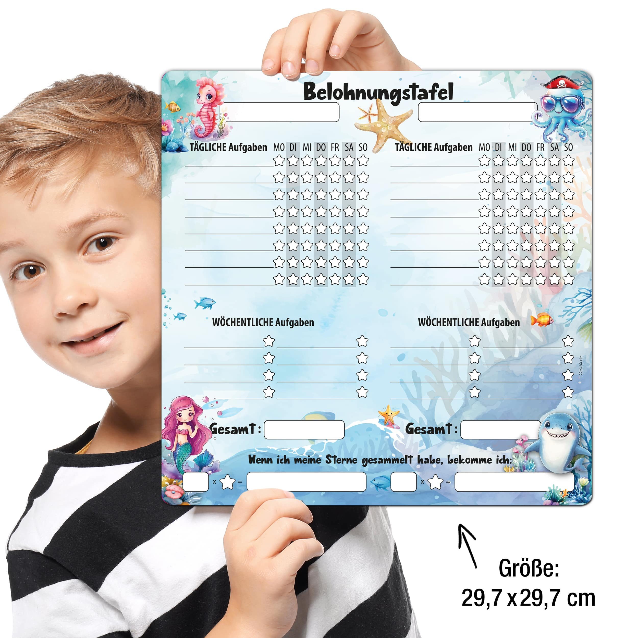 TOBJA Magnettafel Magnetische Belohnungstafel XL 2 Kinder Meerjungfrau 4Stifte, Routine Planer Kinder 30x30 cm, abwischbar