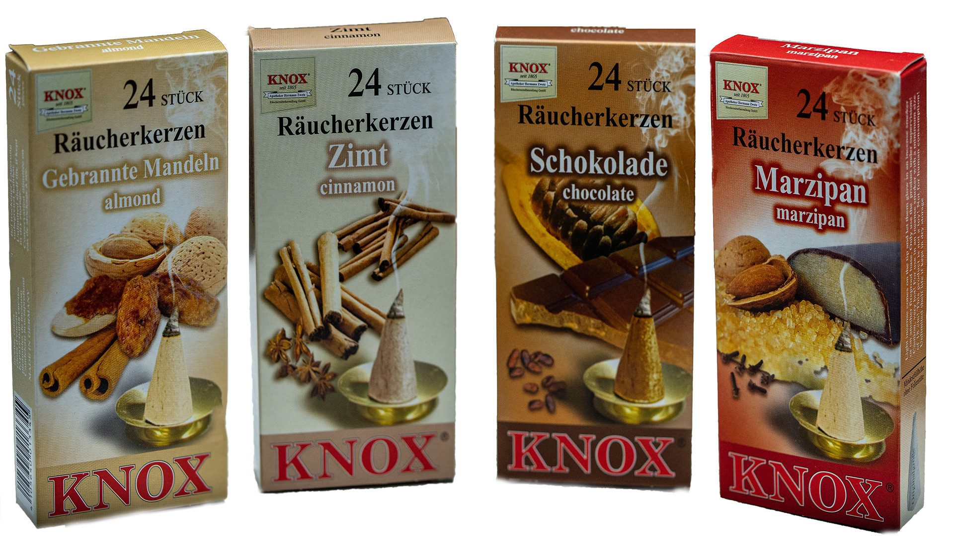 KNOX Duftkerze 4er Set Räucherkerzen - Bäckerei - für aromatische, gemütliche Stunden, würzig, süßer Duft - Größe M - jeweils 24 Stück - Made in Germany