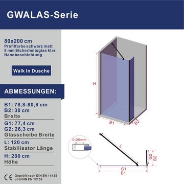 AQUALAVOS Walk-in-Dusche Duschabtrennung mit 30 cm Spritzschutz für Walk-in Dusche (80-120 cm), 8 mm Einscheibensicherheitsglas mit Nanobeschichtung, Aluminiumprofile in schwarz matt, Montage links oder rechts möglich