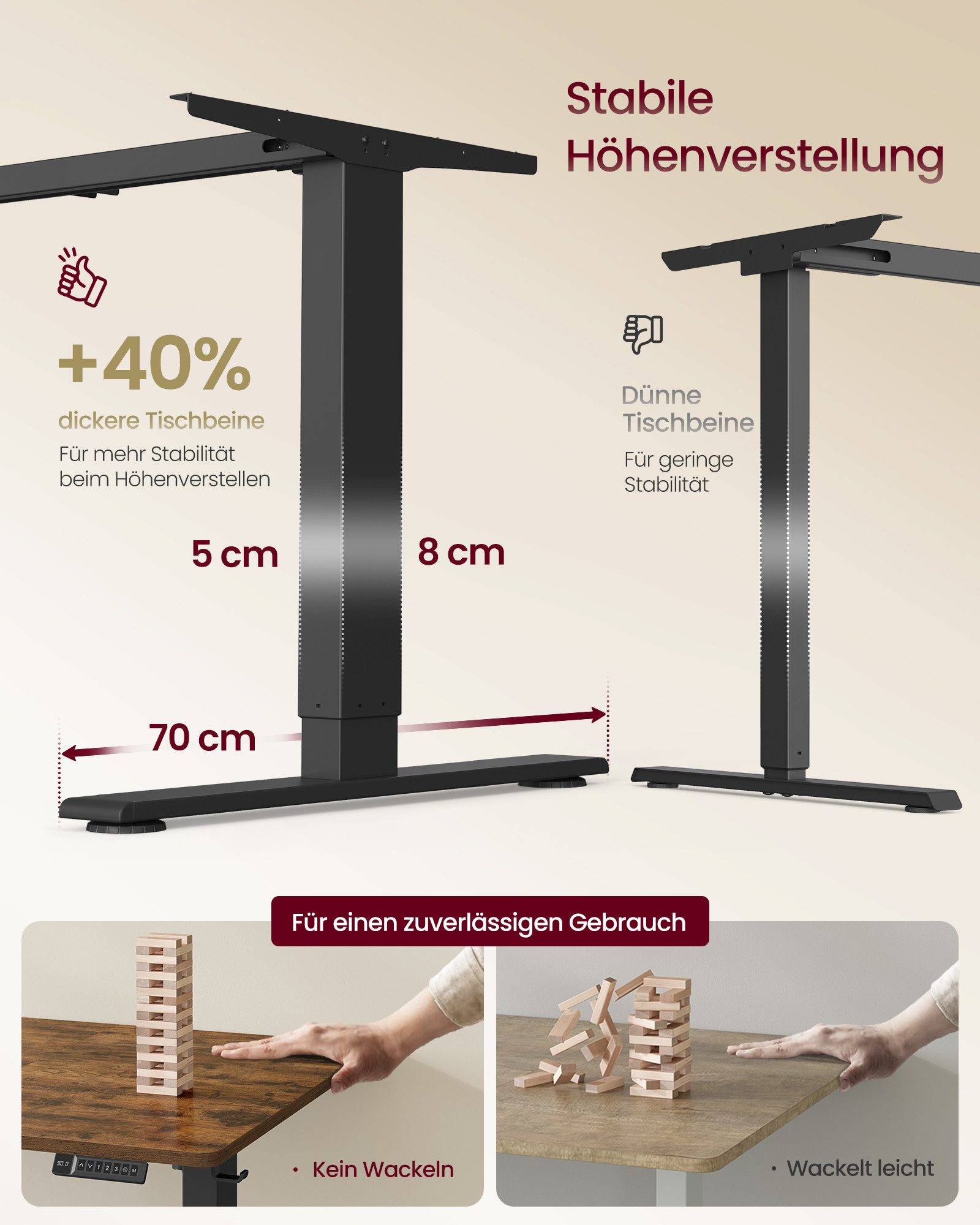 VASAGLE Schreibtisch Höhenverstellbarer, USB-C-Anschluss, Erinnerung bei langem Sitzen, Ablage für Steckdosenleiste, 3 Speichertasten, 140/160/180cm – Bild 4 von 5