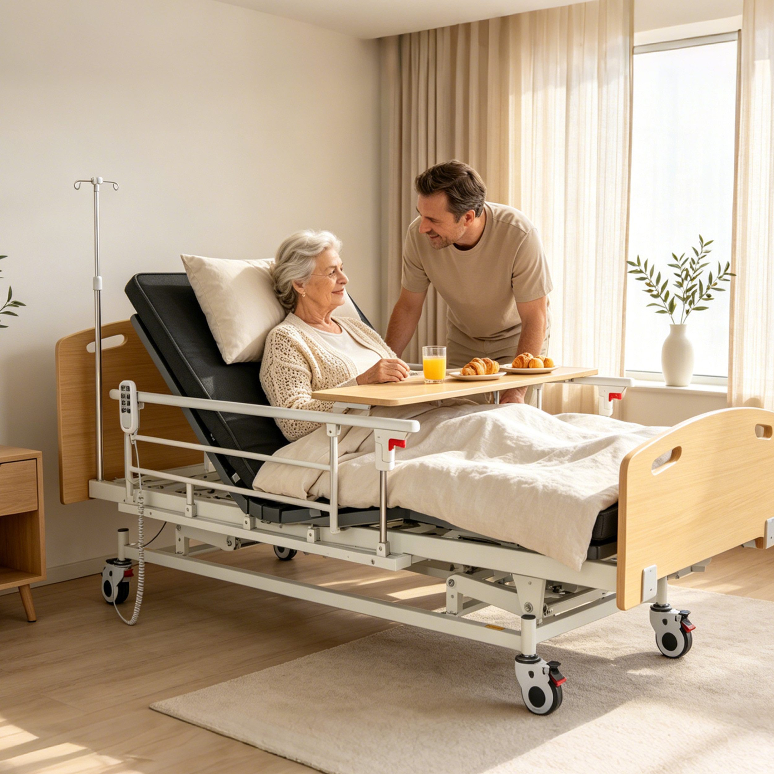 Vankel Bett Elektrisches Pflegebett mit 4 Funktionen, Matratze & max.205kg (Seitenschutz und Lattenrost inklusive, elektrisch verstellbar), mit Fernbedienung, Seitengittern, Tischplatte & Infusionsständer