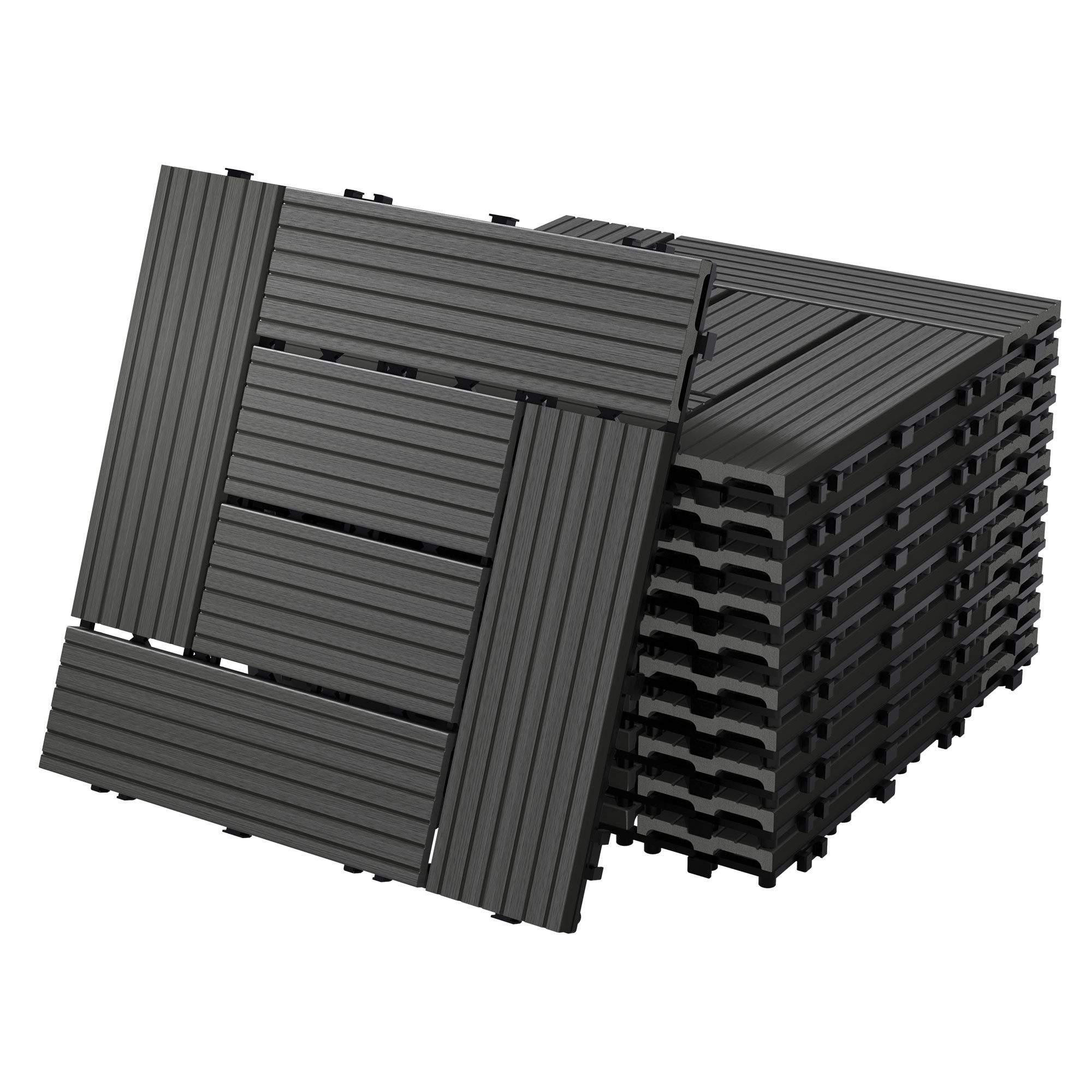 ECD Germany Terrassendielen WPC Bodenplatte Terrassenfliesen Fliesen mit Drainage und Klicksystem, BxL: je 30x30 cm, 22 mm Stärke, Bodenbelag 1m²/11 Stück Anthrazit rutschfest Balkonfliesen