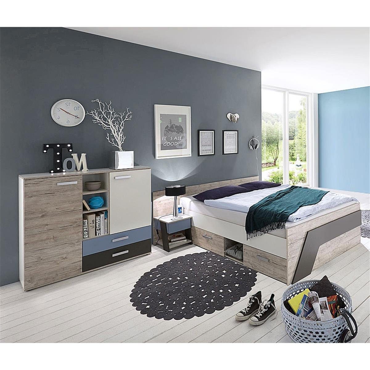 Lomadox Jugendzimmer-Set LEEDS-10, (Sparset, 3-tlg), Sandeiche Nb. mit weiß  Lava und Denim Blau