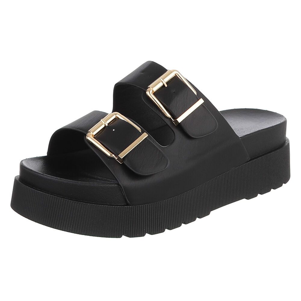 Ital-Design Damen Plateau-Pantoletten mit Doppelriemen & Schnalle Plateausandaletten (91971056) Keilabsatz/Wedge Keilsandaletten in Schwarz