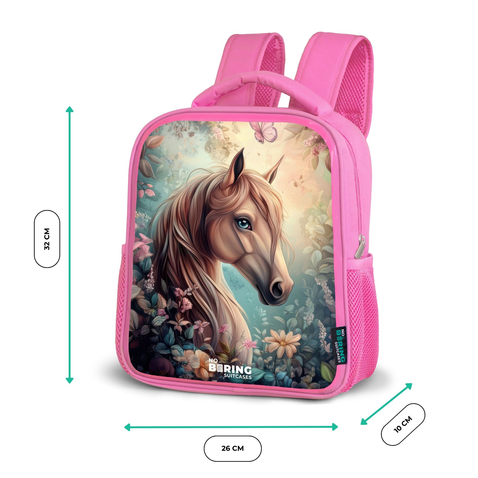 NoBoringSuitcases.com© Rucksack Rosa - Pferd mit Schmetterlingen im Blumengarten, Kinderrucksack, Schulrucksack, Freizeitrucksack, Mädchen, Kindergarten