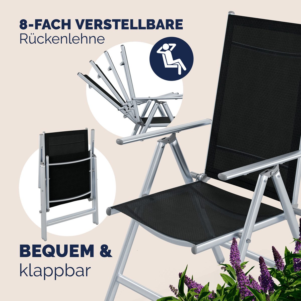Casaria Gartenstuhl, Hochlehner Klappbar 8-Fach Verstellbar Alu Wetterfest 120kg Belastbar
