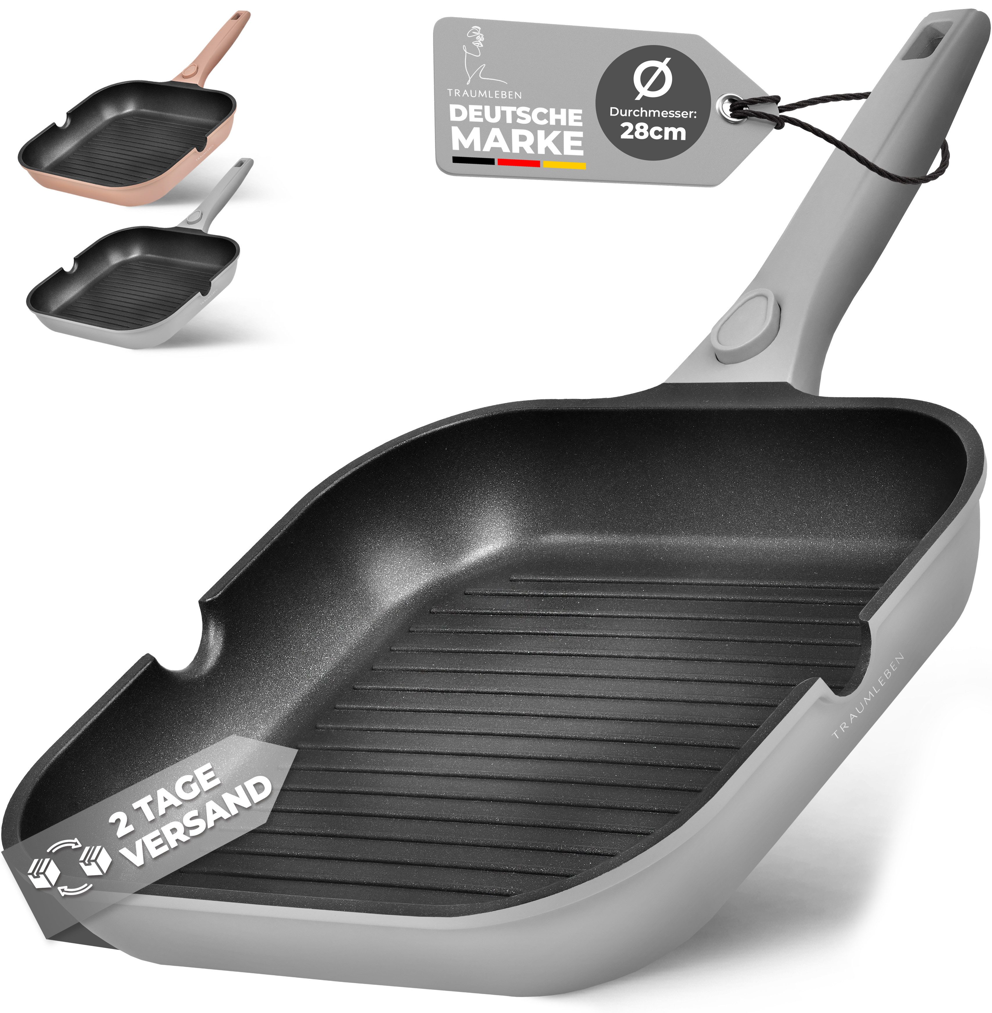 TRAUMLEBEN Grillpfanne 28 cm, abnehmbarer Griff, Antihaft, Induktion, backofenfest, Aluminium, Viereckige Grillpfanne aus Aluguss