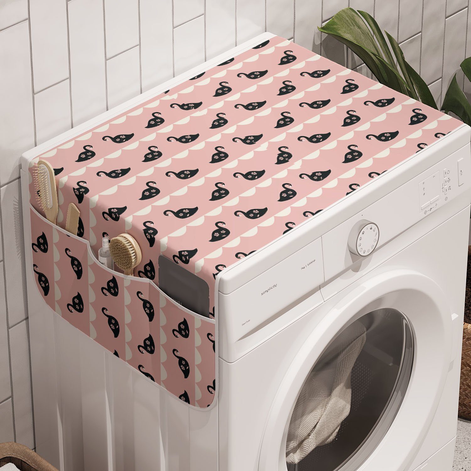 Abakuhaus Badorganizer Anti-Rutsch-Stoffabdeckung für Waschmaschine und Trockner, Swans Floral Birds Scallop Stripes | Bad-Organizer