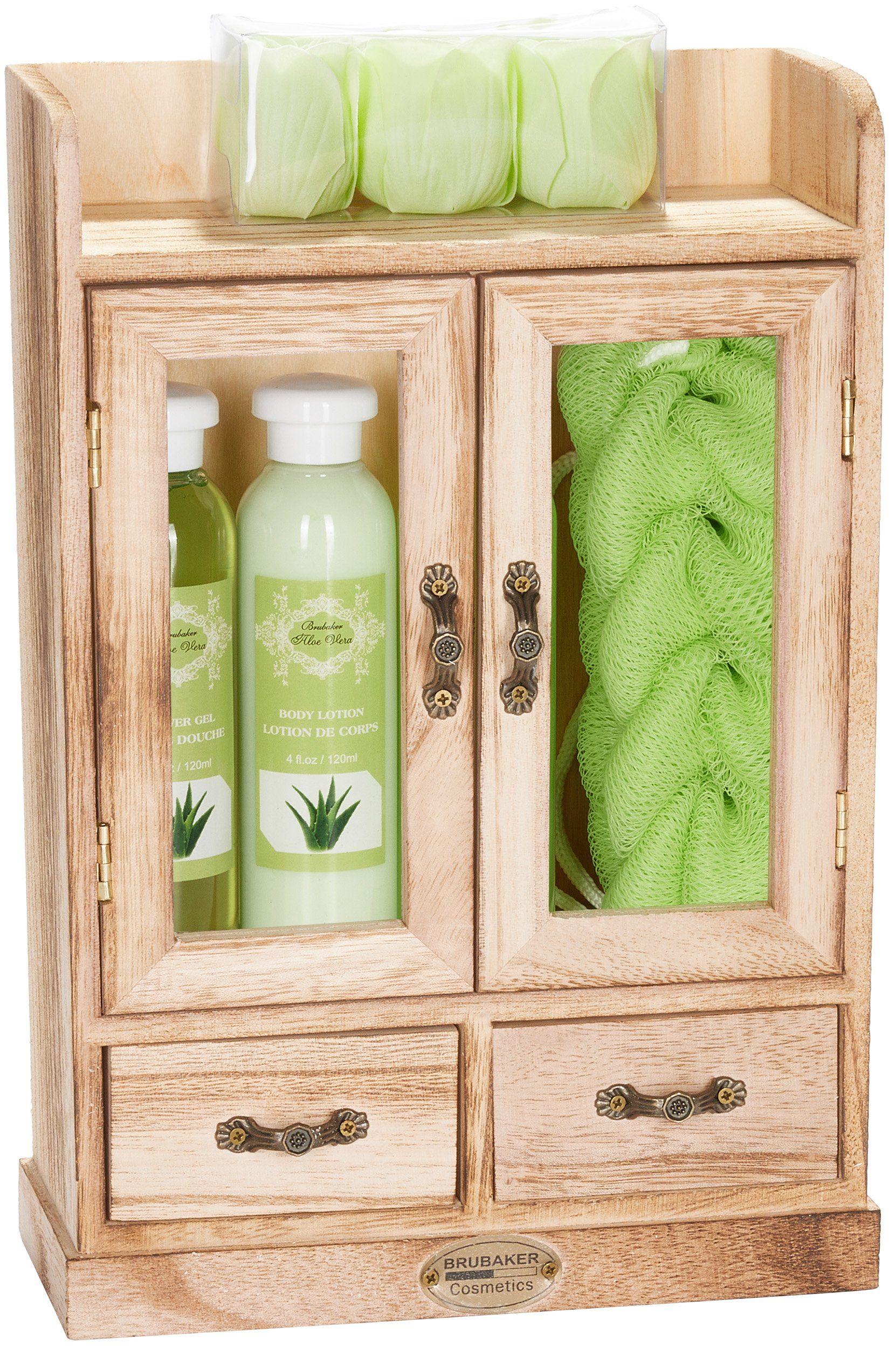 BRUBAKER Pflege-Geschenkset Aloe Vera - Dusch und Badeset - Set im Vintage Schränkchen aus Holz Damen Pflegeset, 10-tlg., Wellness Beauty Geschenk für Frauen - Reinigend und Pflegend