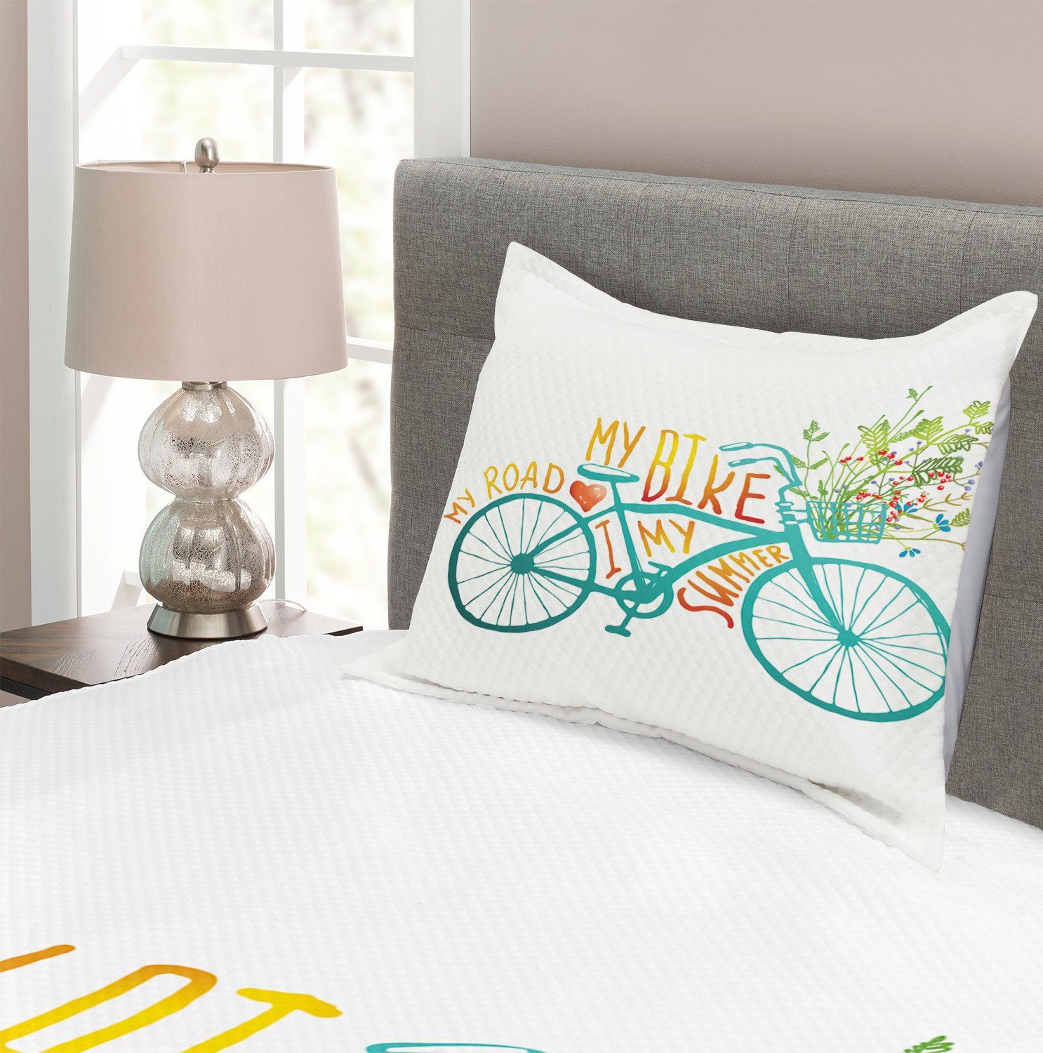 Abakuhaus, Sommer Tagesdecke Blaues mit Kissenbezügen mit Waschbar, Blumen Set Fahrrad