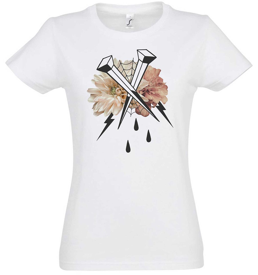 Print-Shirt Nails And Flowers II Damen T-Shirt Tattoo Oldschool Newschool Blumen