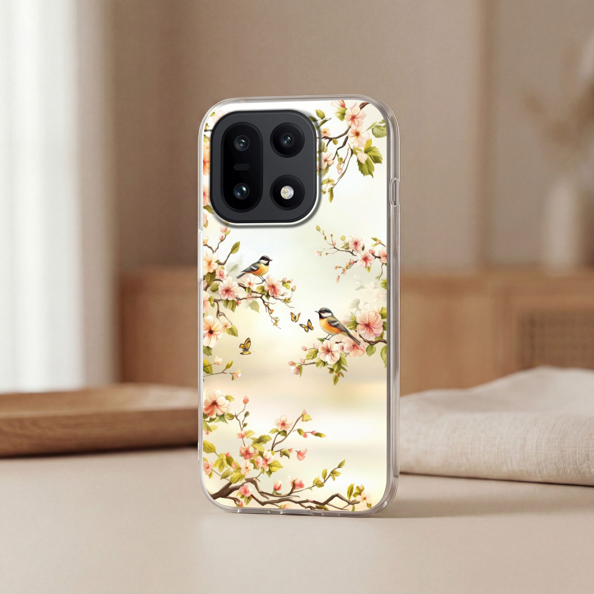 MuchoWow Handyhülle für OnePlus 15 Äste - Blumen - Vögel - Rosa, Phone Case, Silikon, Schutzhülle Dünn