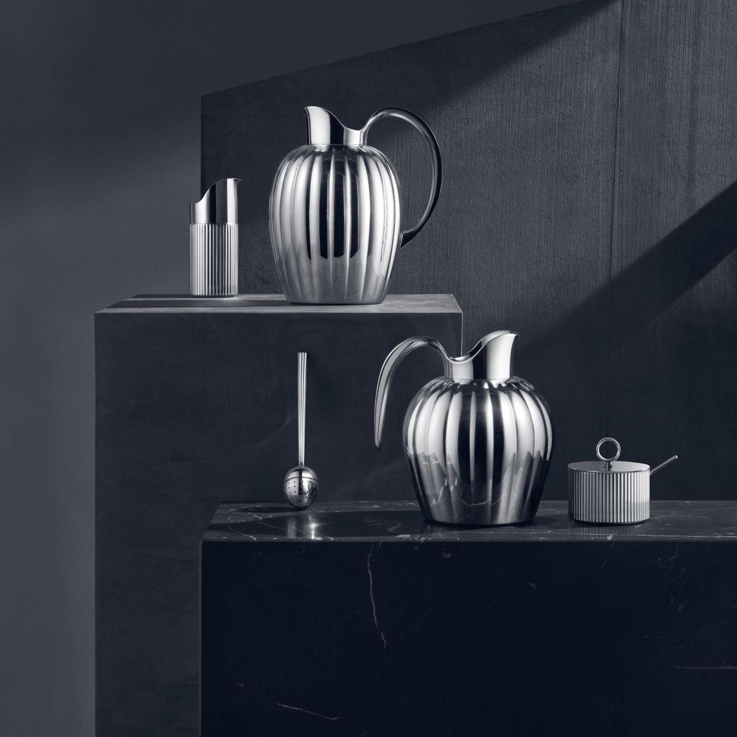 Georg Jensen Zuckerdose Bernadotte, Edelstahl, mit Löffel