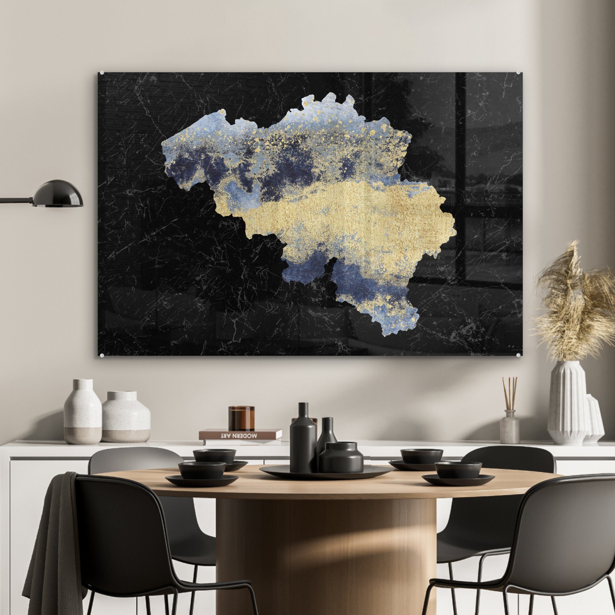 & Schlafzimmer Blau, (1 Acrylglasbilder Belgien Karte St), Wohnzimmer Delfter Acrylglasbild - - MuchoWow