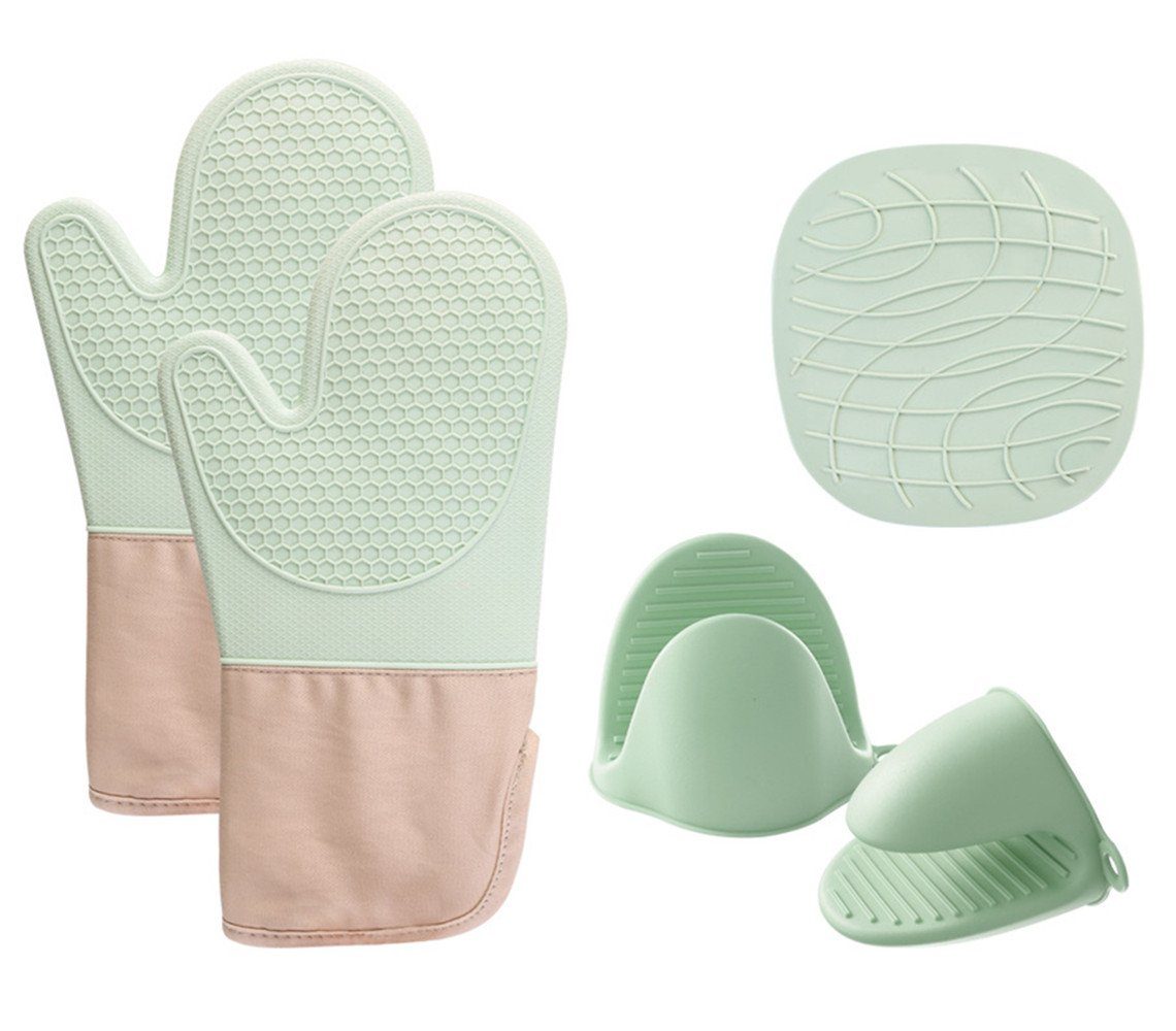 -, (5-tlg), green Topflappen XDeer Küchenhandschuhe Oven Baumwollfutter Silikon Gloves Backhandschuhe, Topfhandschuhe,Ofenhandschuhe Kochhandschuhe Topflappen