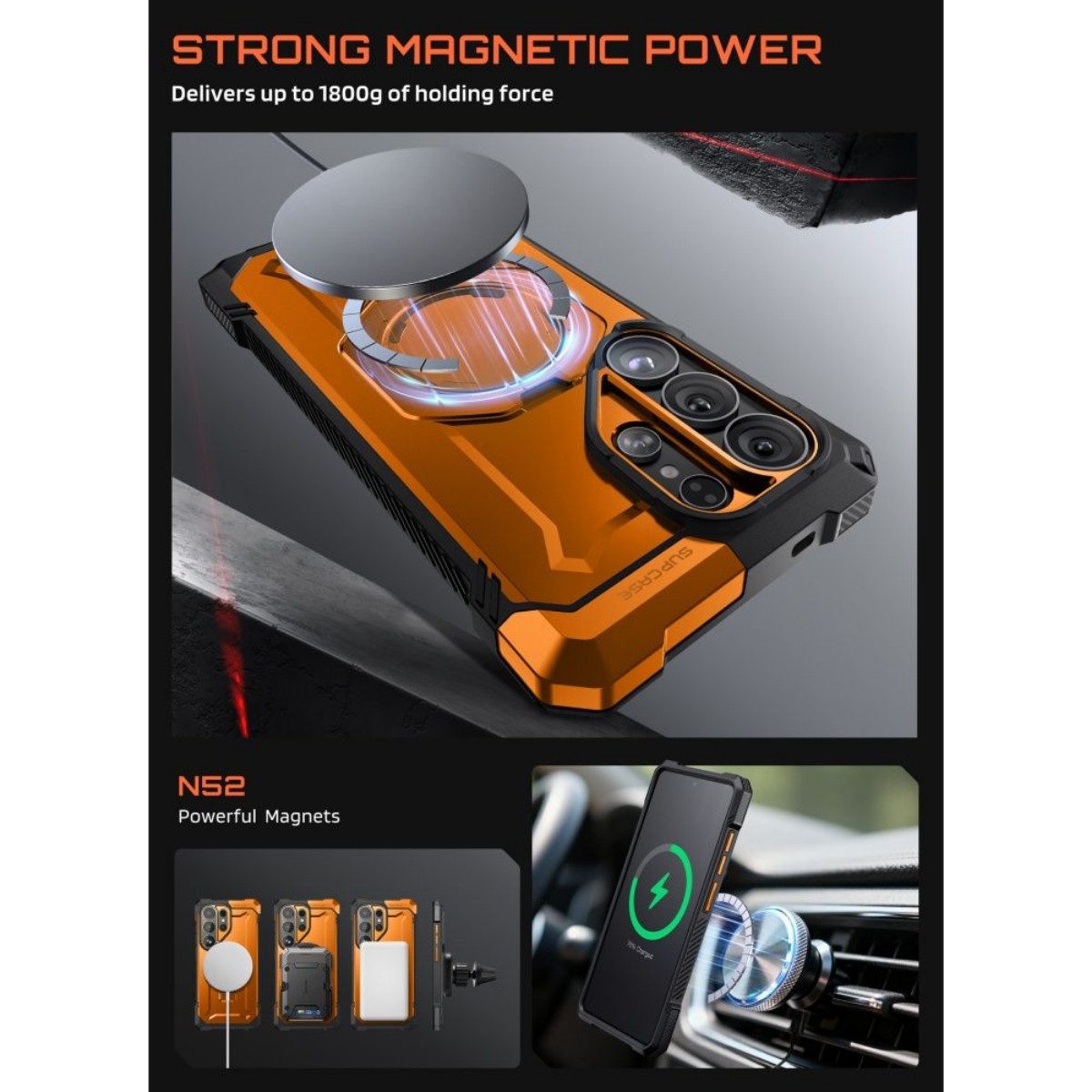 Supcase Handyhülle UB Grip Mag mit Magnetring für Samsung Galaxy S26 Ultra Orange Schwarz 6,9 Zoll, Der Ring dient als Ständer und Fingersicherung zugleich