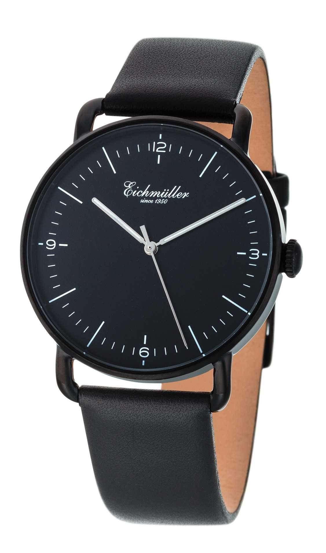 Eichmüller Quarzuhr Herrenuhr 3030-02 Slim-Gehäuse Schwarz Lederband 40 mm