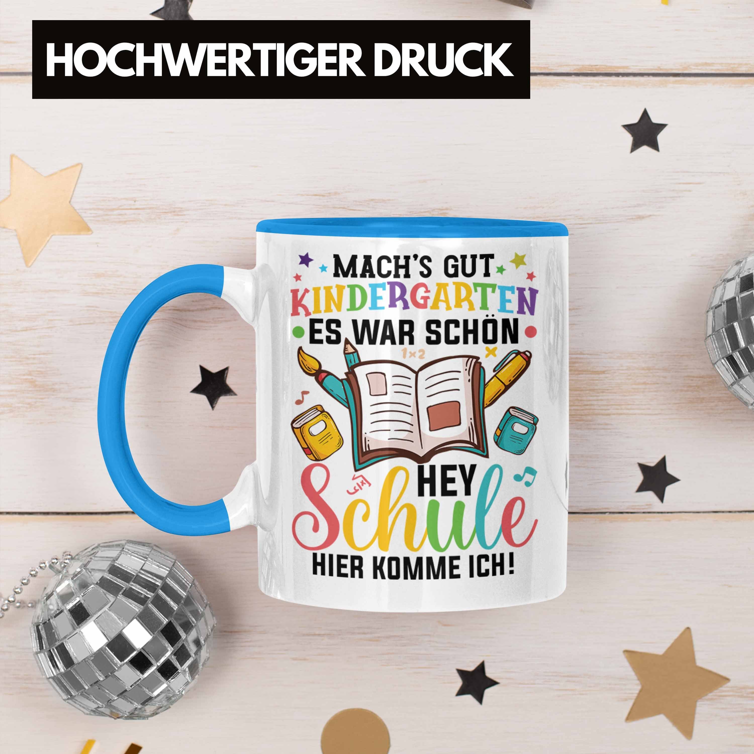 Grundschule Erster Schultag Einschulung - Tschüss Kinderkarten Hallo Tasse Blau Trendation zur Trendation Geschenk Tasse