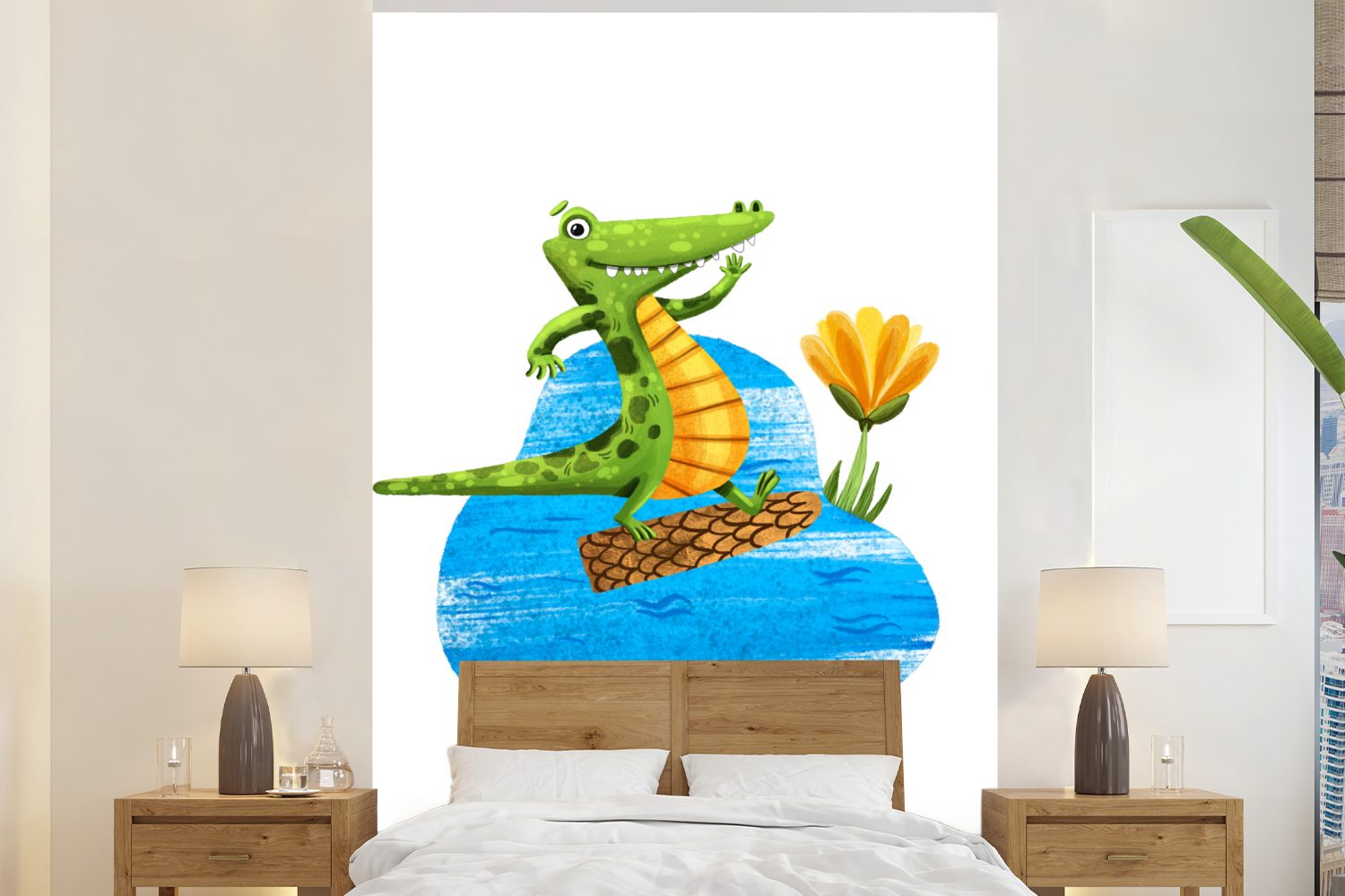 MuchoWow Fototapete Krokodil - Blume - Dschungel, Matt, bedruckt, (3 St), Montagefertig Vinyl Tapete für Wohnzimmer, Wandtapete