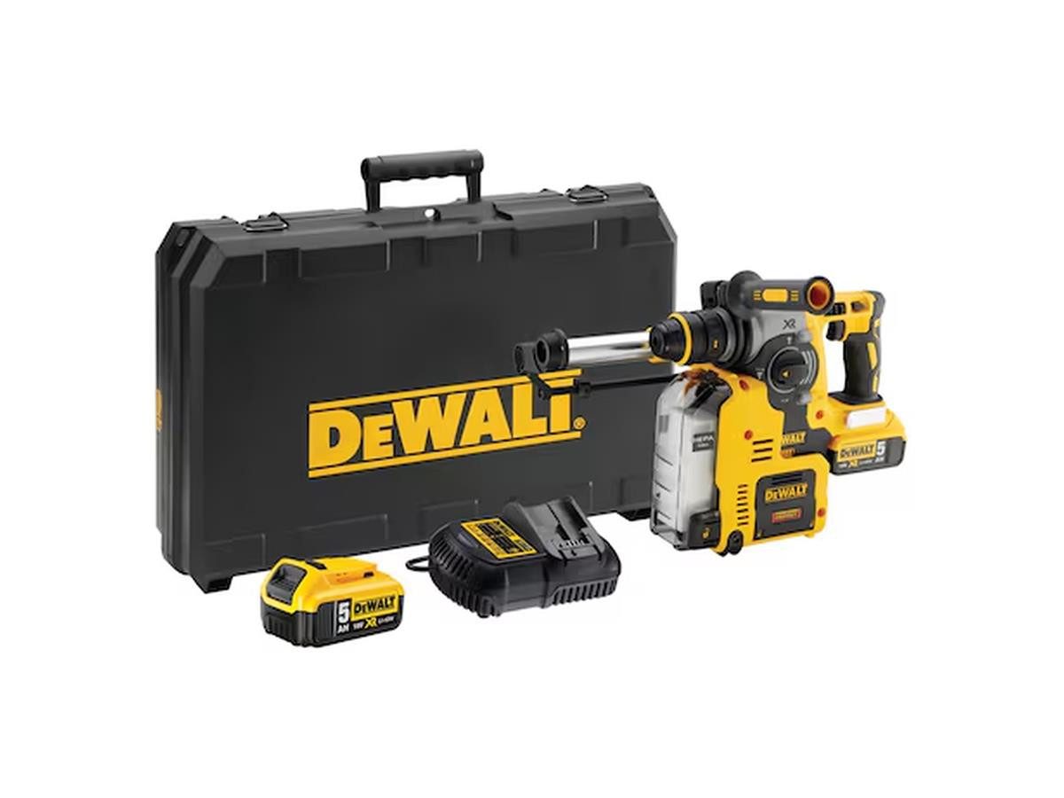 DeWalt Akku-Kombibohrhammer 18V / 5,0Ah, 18 V, (Akku-Komplettset mit Staubabsaugung, 9-tlg., Mit 2 Akkus, Ladegerät, Schnellspannbohrfutter und Transportkoffer), mit 2,1 Joule und integrierter Staubabsaugung