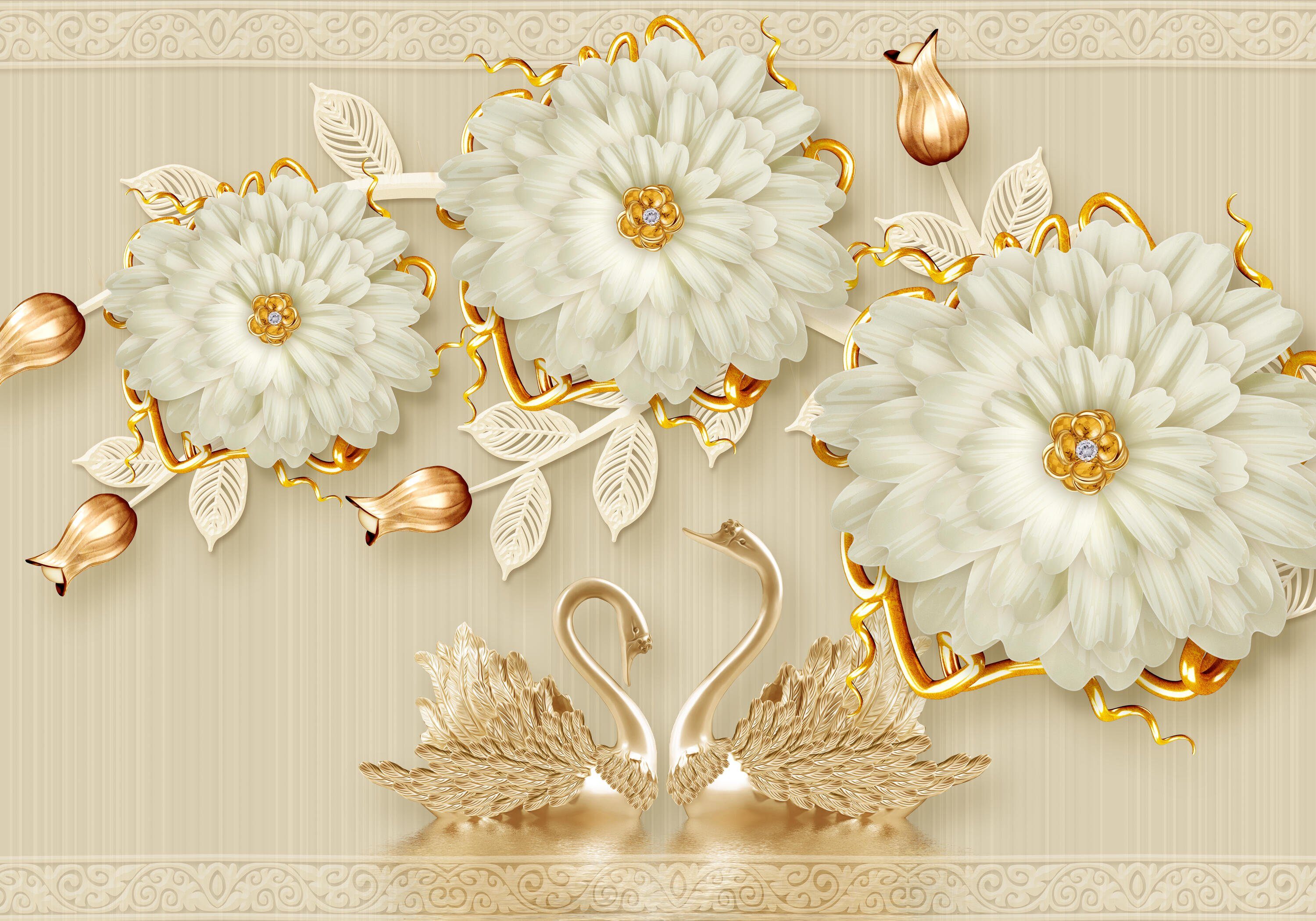 Fototapete gold Motivtapete, Vliestapete matt, glatt, Ornamente weiß, Wandtapete, wandmotiv24 Blüten
