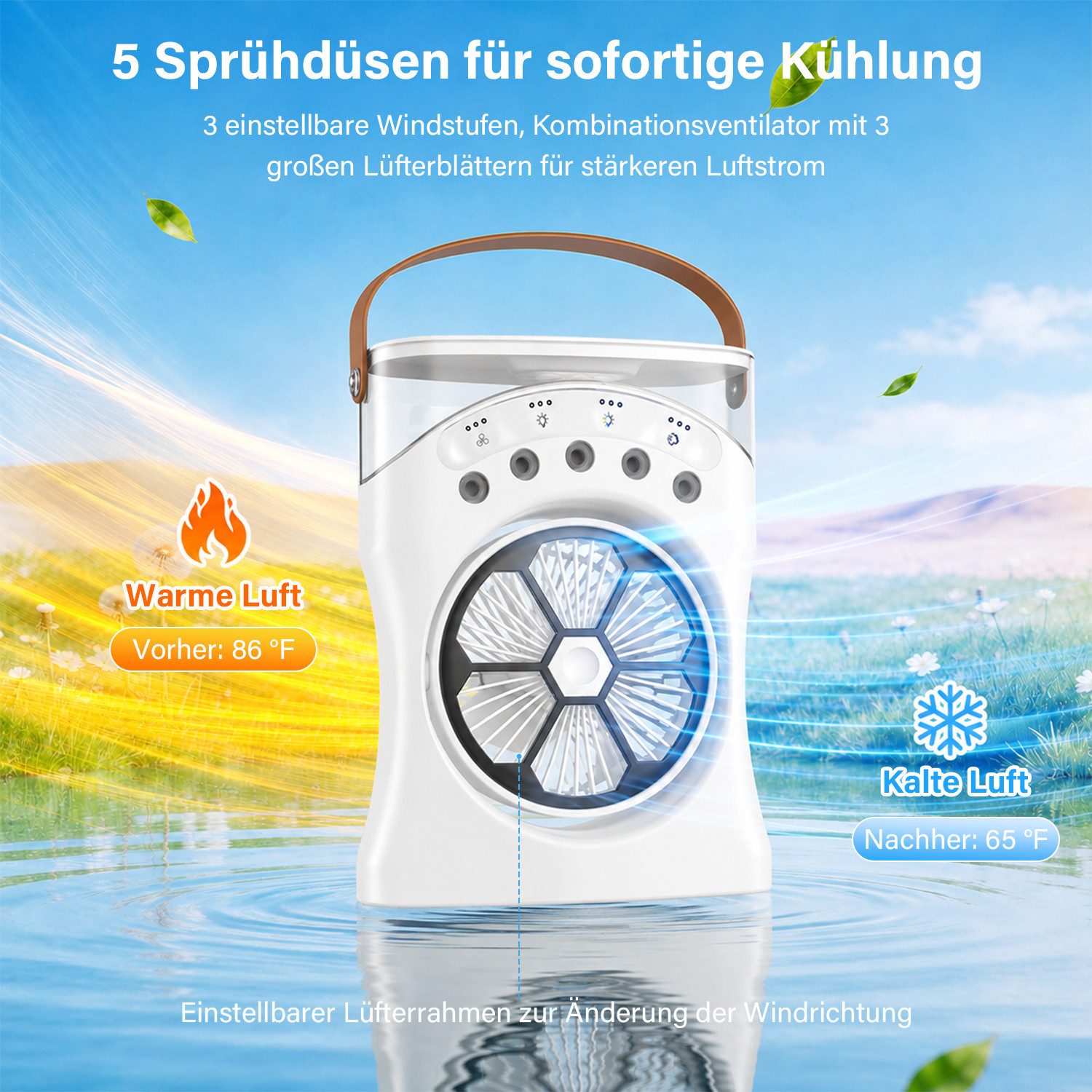 MOPUEA Ventilatorkombigerät Tragbarer Luftkühler 550 ml 5 Sprühdüsen 3 Windstufen 180° Verstellbar, 5 Sprühdüsen, 3 Windstufen, RGB-Licht, 180° verstellbar