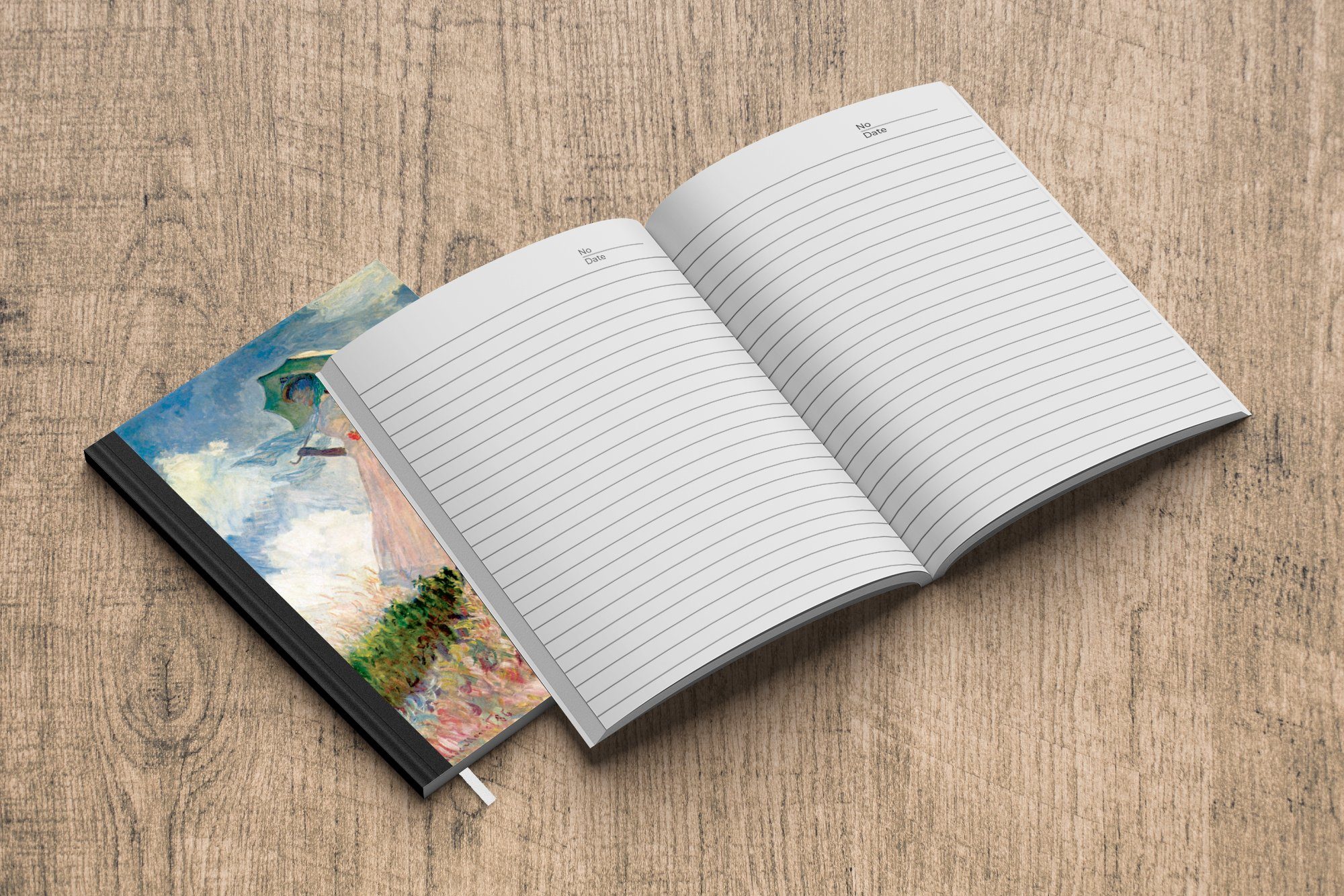 Notizbuch 98 Journal, Sonnenschirm Merkzettel, Notizheft, A5, Monet, Frau Seiten, Haushaltsbuch - Gemälde Claude MuchoWow von Tagebuch, mit