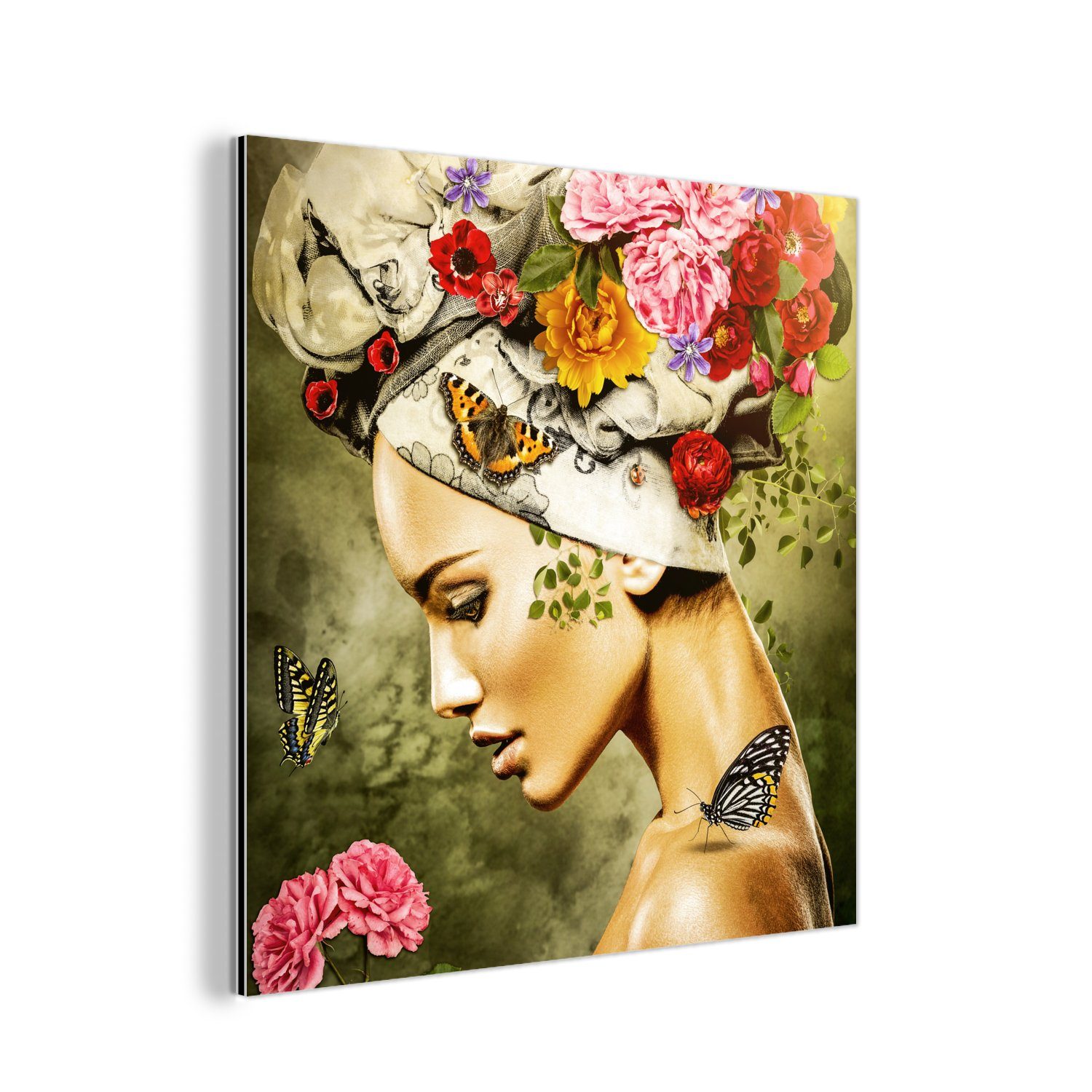 MuchoWow Metallbild Frau - Blumen - Farben - Schmetterlinge - Rosen - Kopftuch, (1 St), Alu-Dibond-Druck, Gemälde aus Metall, Aluminium deko | Bilder