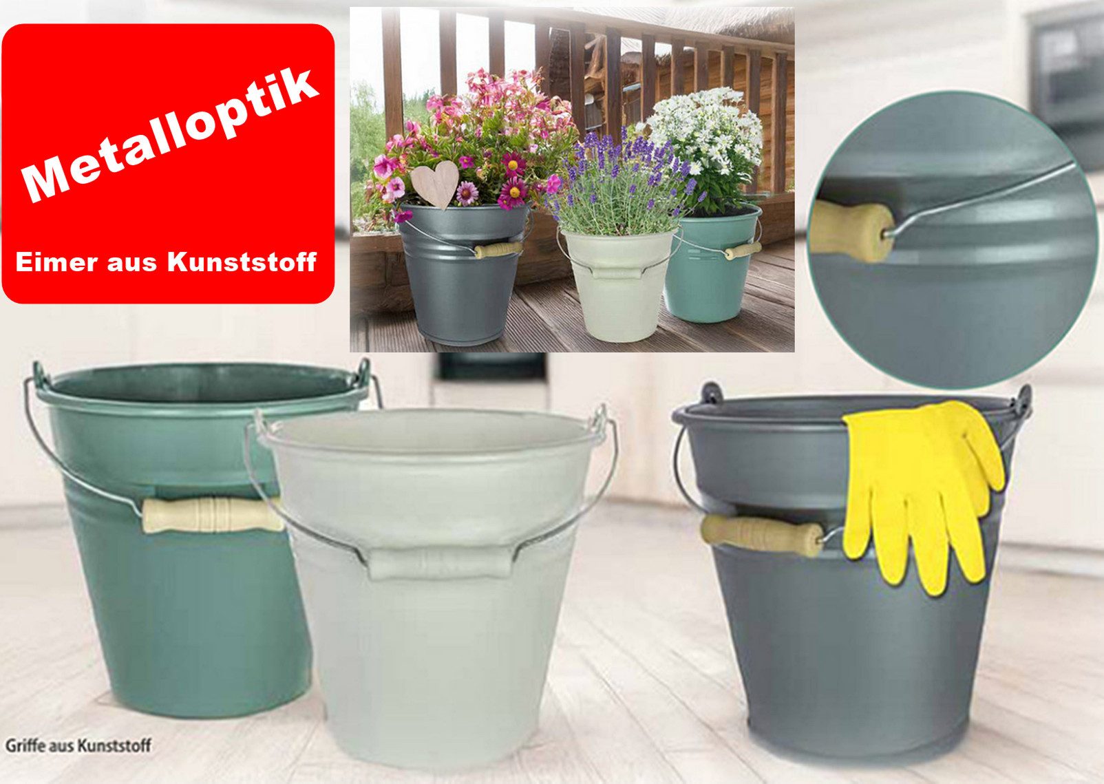 Ebaxx Putzeimer 1 x 10 oder 7 Liter METALL OPTIK Eimer Plastik Wasser Blumen Topf, 10 Liter Eimer 7 Liter Eimer Kunststoff Plastik