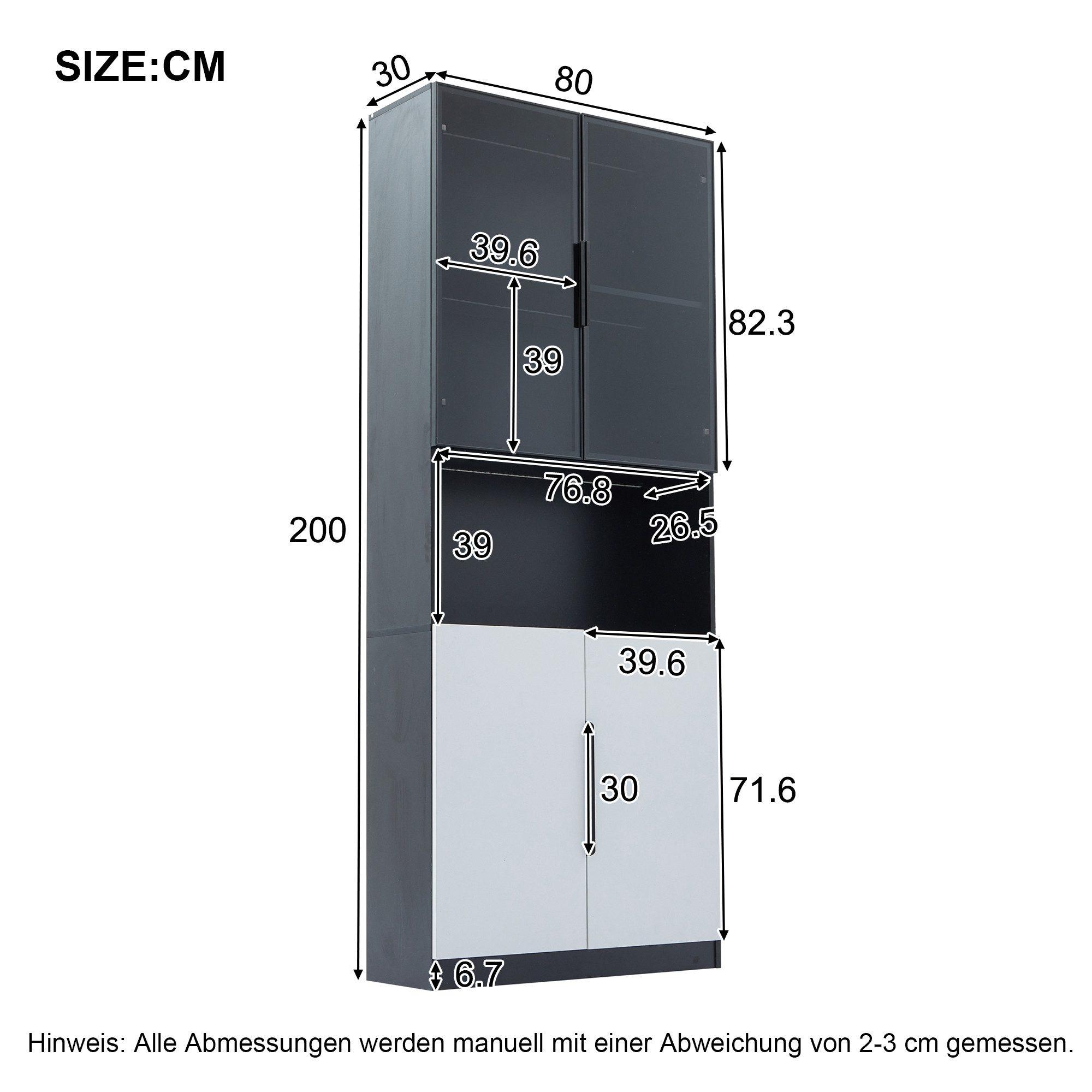 Merax Vitrine mit Glastüren und Stauraum Badezimmerschrank mit LED, Mehrzweckschrank,Bücherschrank, Höhe 200cm