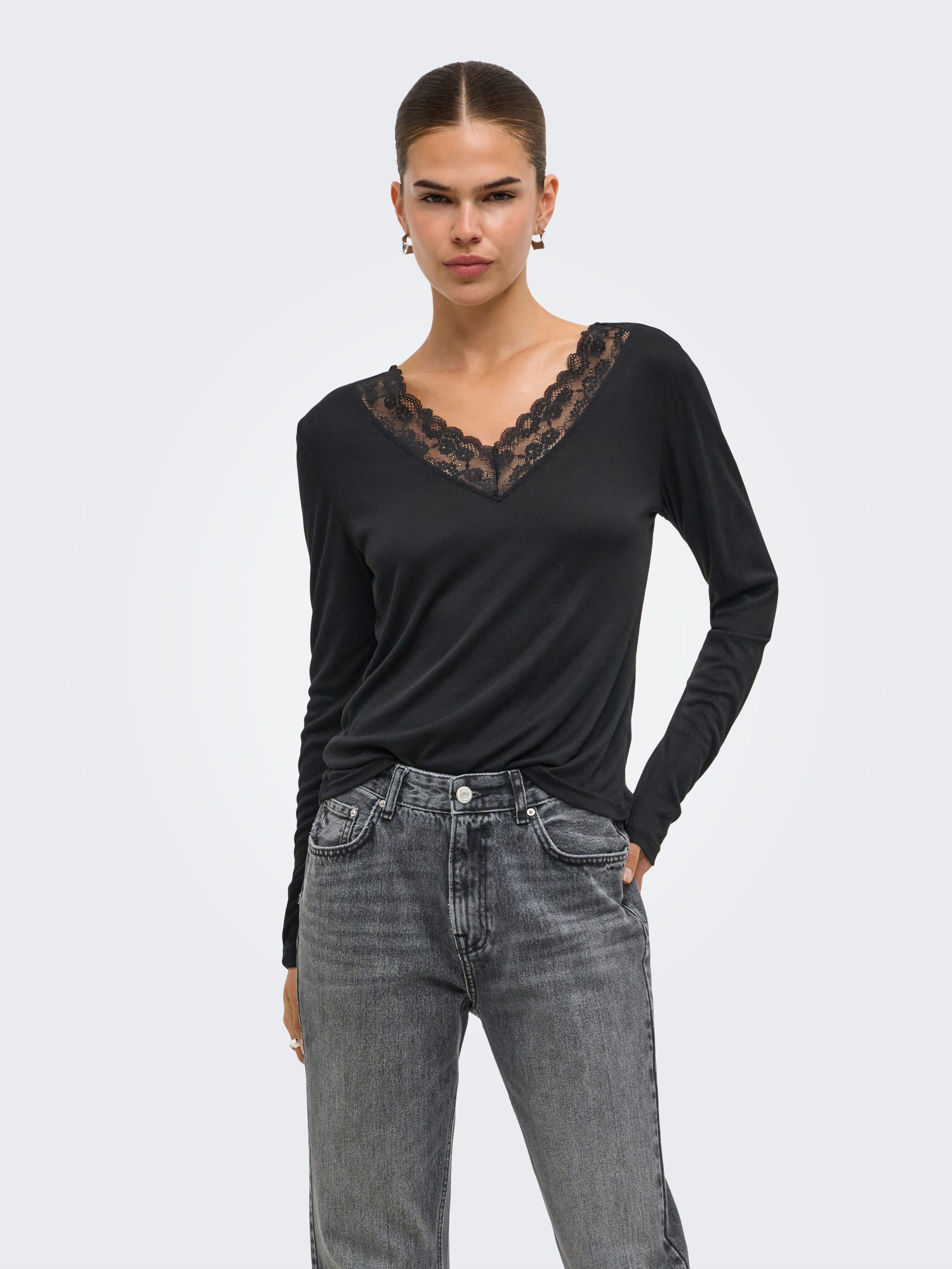 ONLY Langarmshirt ONLIDA L/S V NECK LACE TOP CS JRS Viskosemischung, regular fit