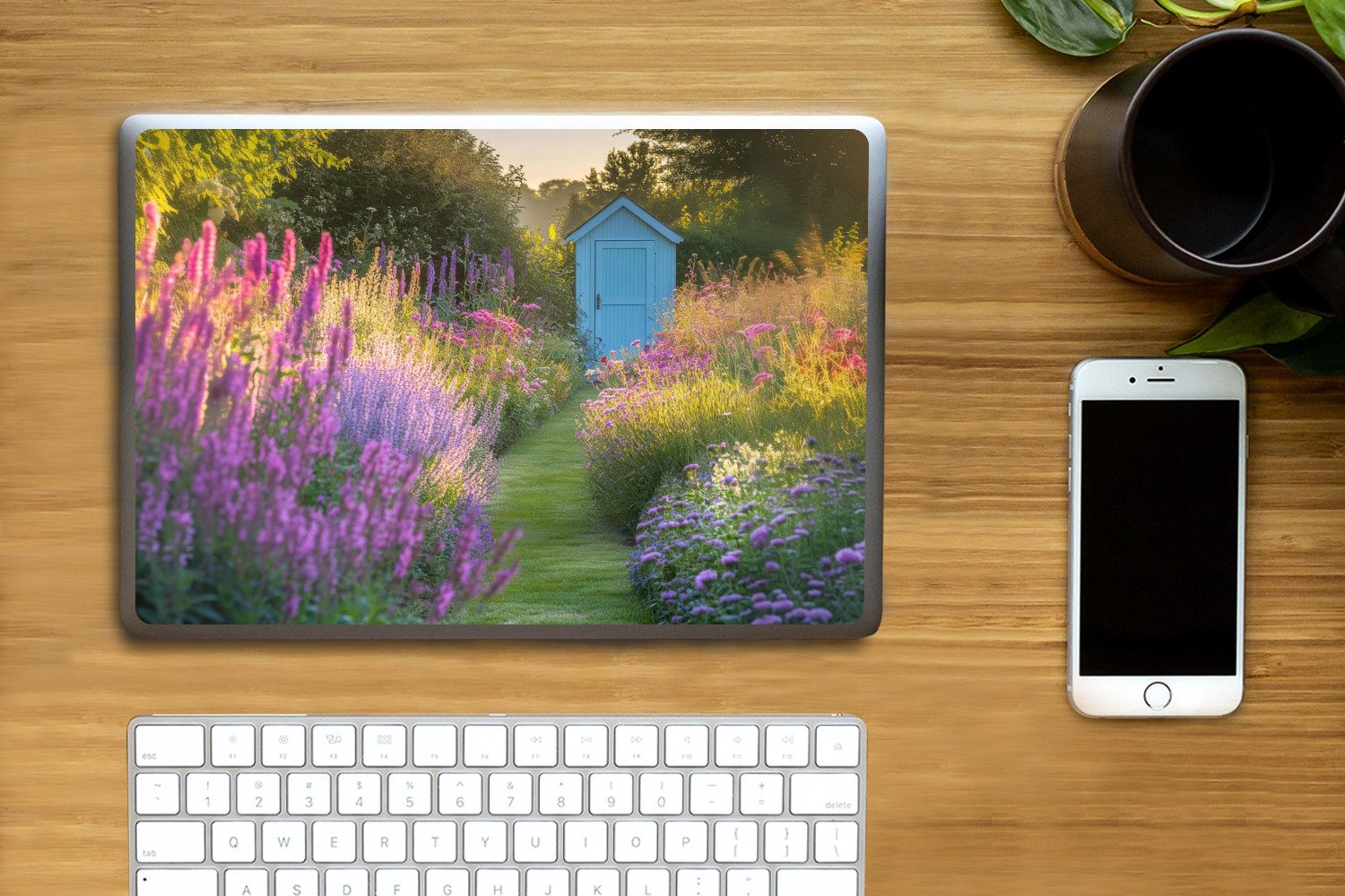 MuchoWow Laptop-Aufkleber Gartenhaus - Blau - Blumen, (1tlg), Laptop Folien Cover, Aufkleber, Sticker, Schutz vor Kratzern, 30x21 cm