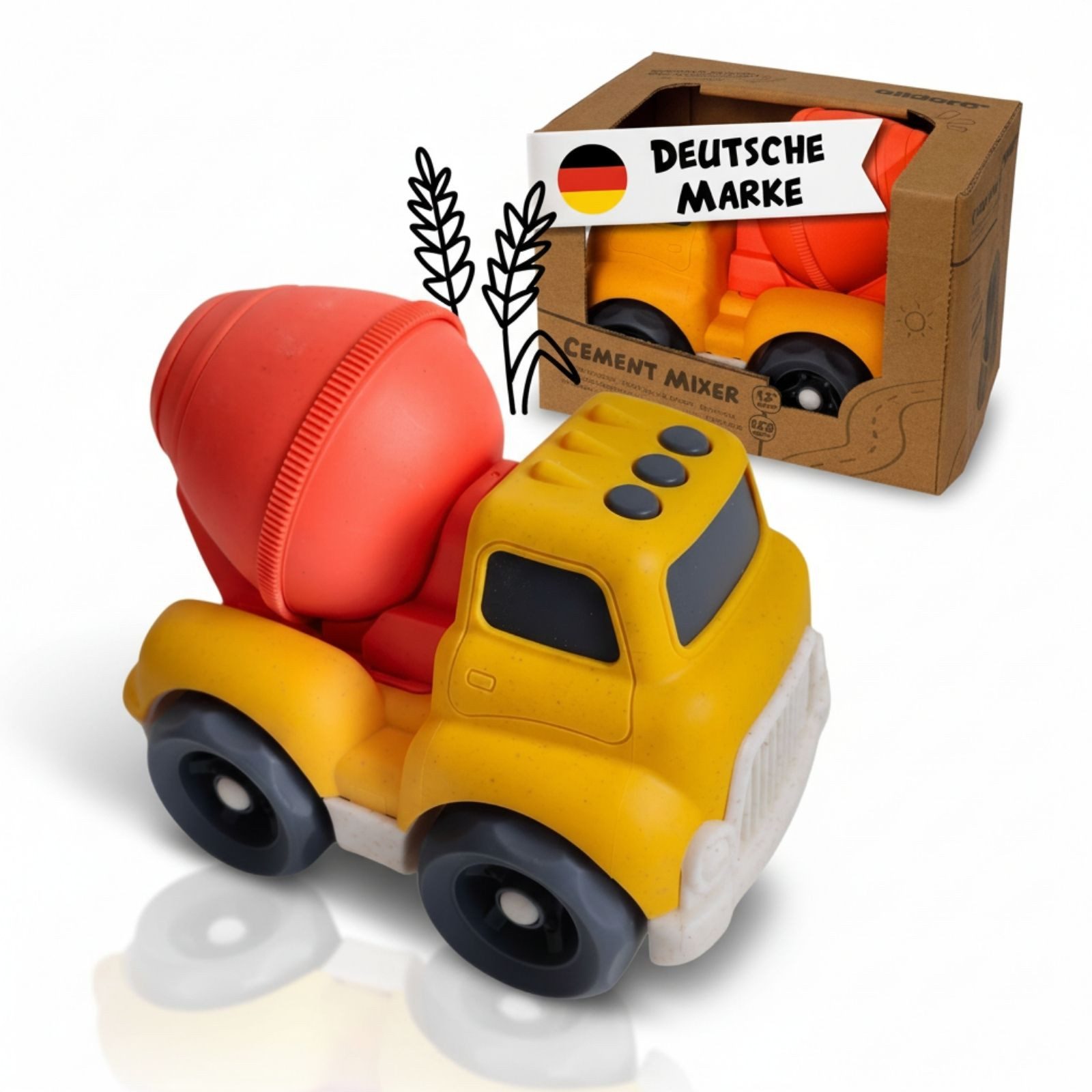 alldoro Spielzeug-Betonmischer Baustellen-Fahrzeug mit drehbarer Mischtrommel für Kinder ab 1 Jahr, Spielzeugauto aus Kunststoff-Weizenstroh für Kinderzimmer & Sandkasten