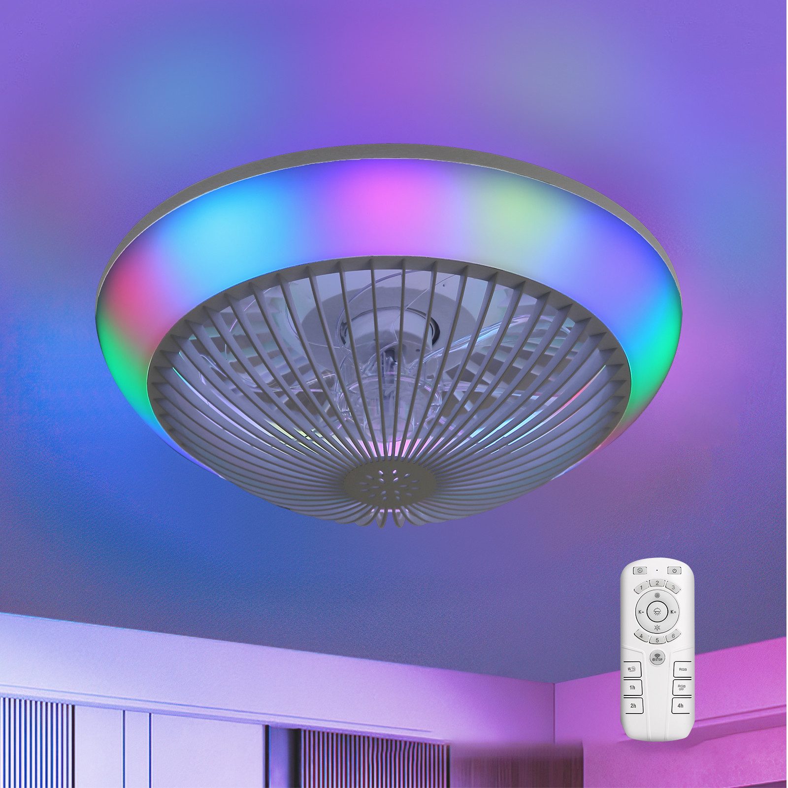 Sofucor Deckenventilator mit RGB Licht, DC, 7 ABS-Flügel, 6 Windgeschwindigkeiten, Umkehrfunktion, 1/2/4-Stunden-Timer
