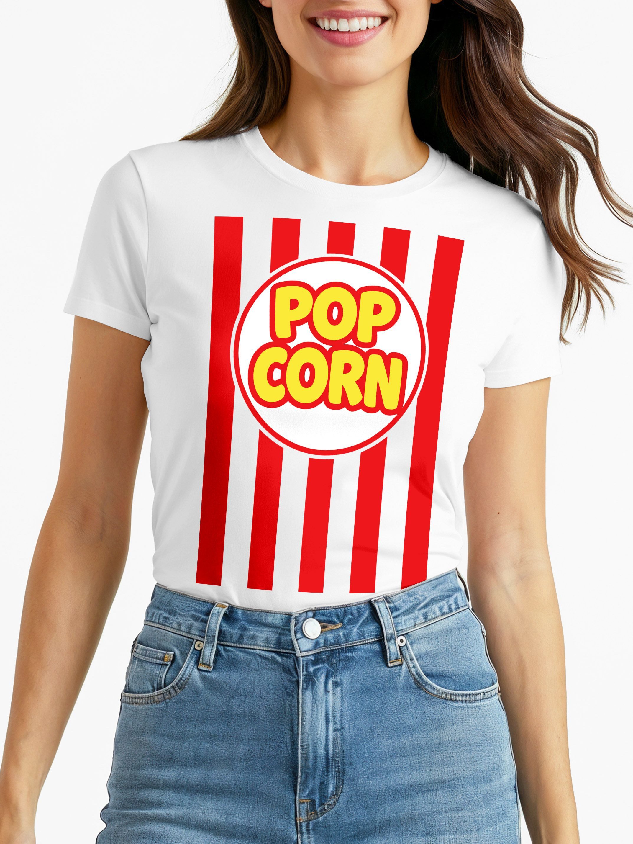 Print-Shirt Damen T-Shirt - Retro Kino Jahrmarkt Popcorntüte - Fasching Karneval