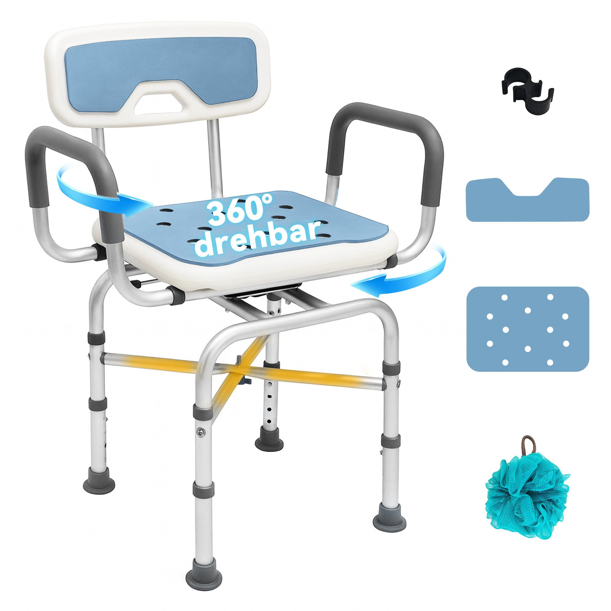 SEHAUSEU Dusch- und Badhocker 360°drehbar, höhenverstellbar, mit Lehne, Belastbarkeit maximal 150 kg