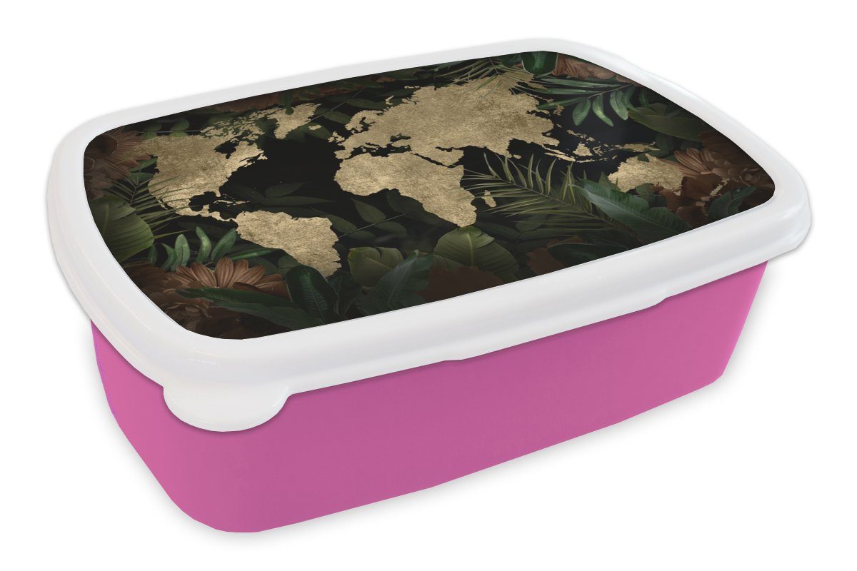MuchoWow Lunchbox Weltkarte - Vintage - Pflanzen, Kunststoff, (2-tlg), Brotbox für Erwachsene, Brotdose Kinder, Snackbox, Mädchen, Kunststoff rosa