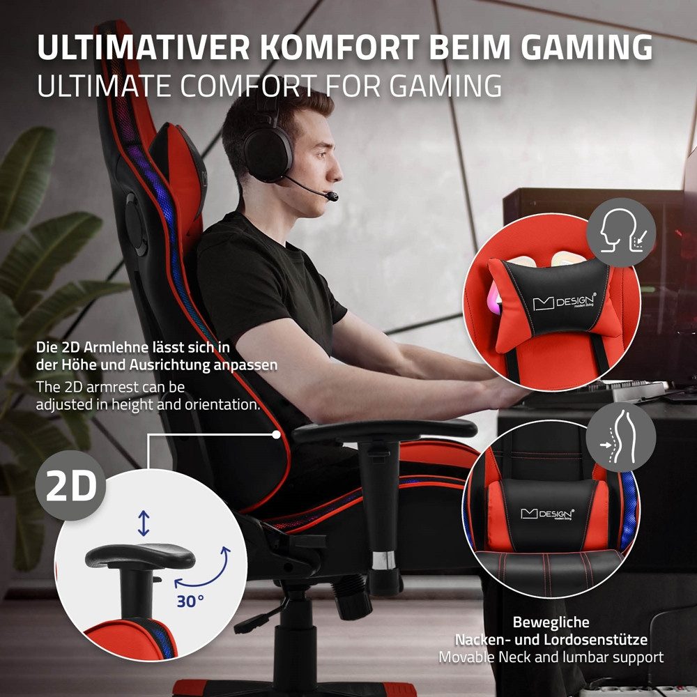 ML-DESIGN Bürostuhl Computerstuhl Schreibtischstuhl für Büro & Arbeitszimmer Drehsessel, Gaming Stuhl + 2 Kissen, LEDs & Boxen ergonomisch anpassbar PVC-Leder