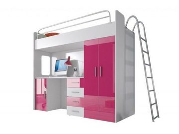 JVmoebel Hochbett Rosa Doppelstockbett Etagen Bett Mädchen Hochglanz mit Schreibtisch